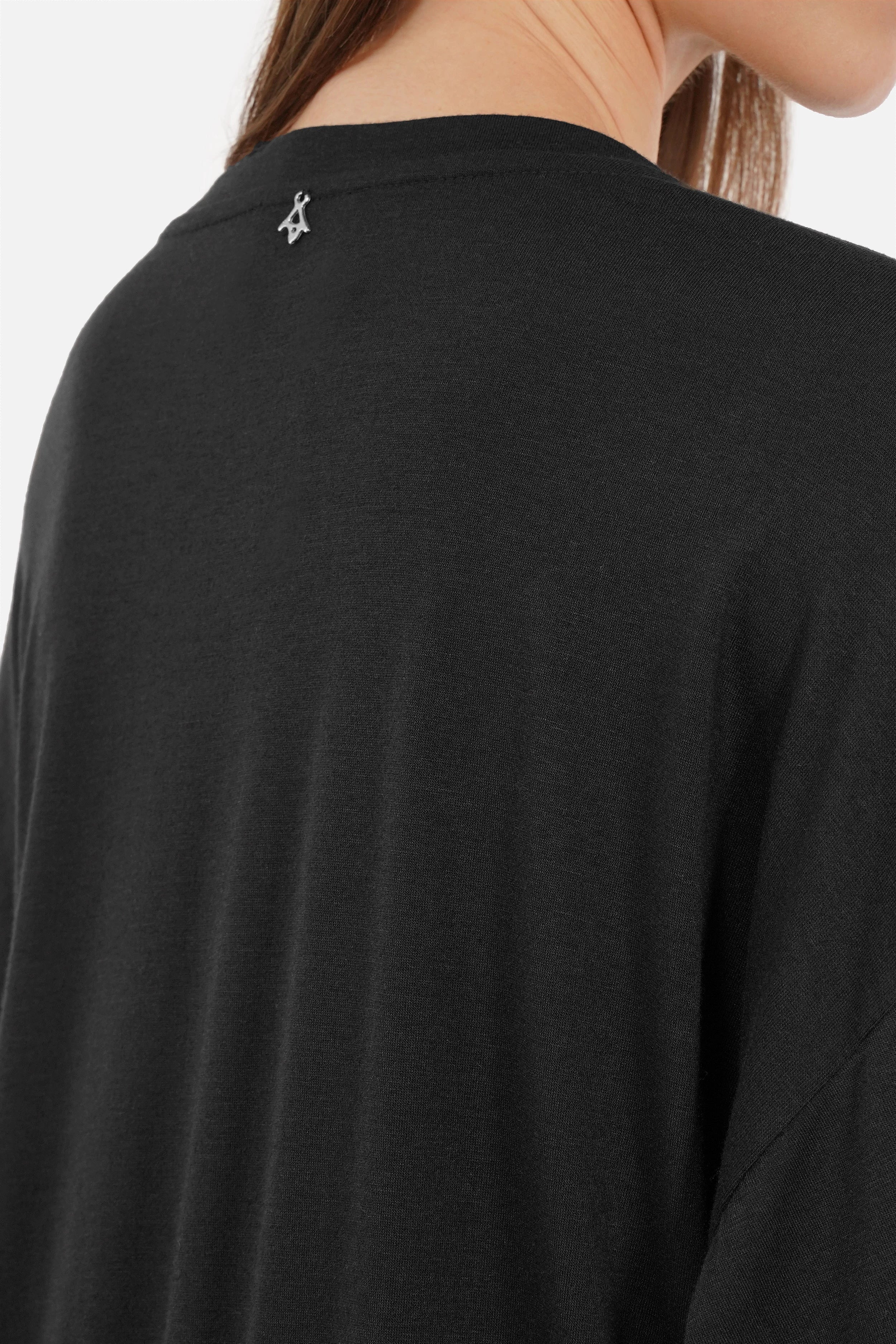 Schwarze SENA Longline Shirt mit asymmetrischer One Shoulder Bluse und Drapierung