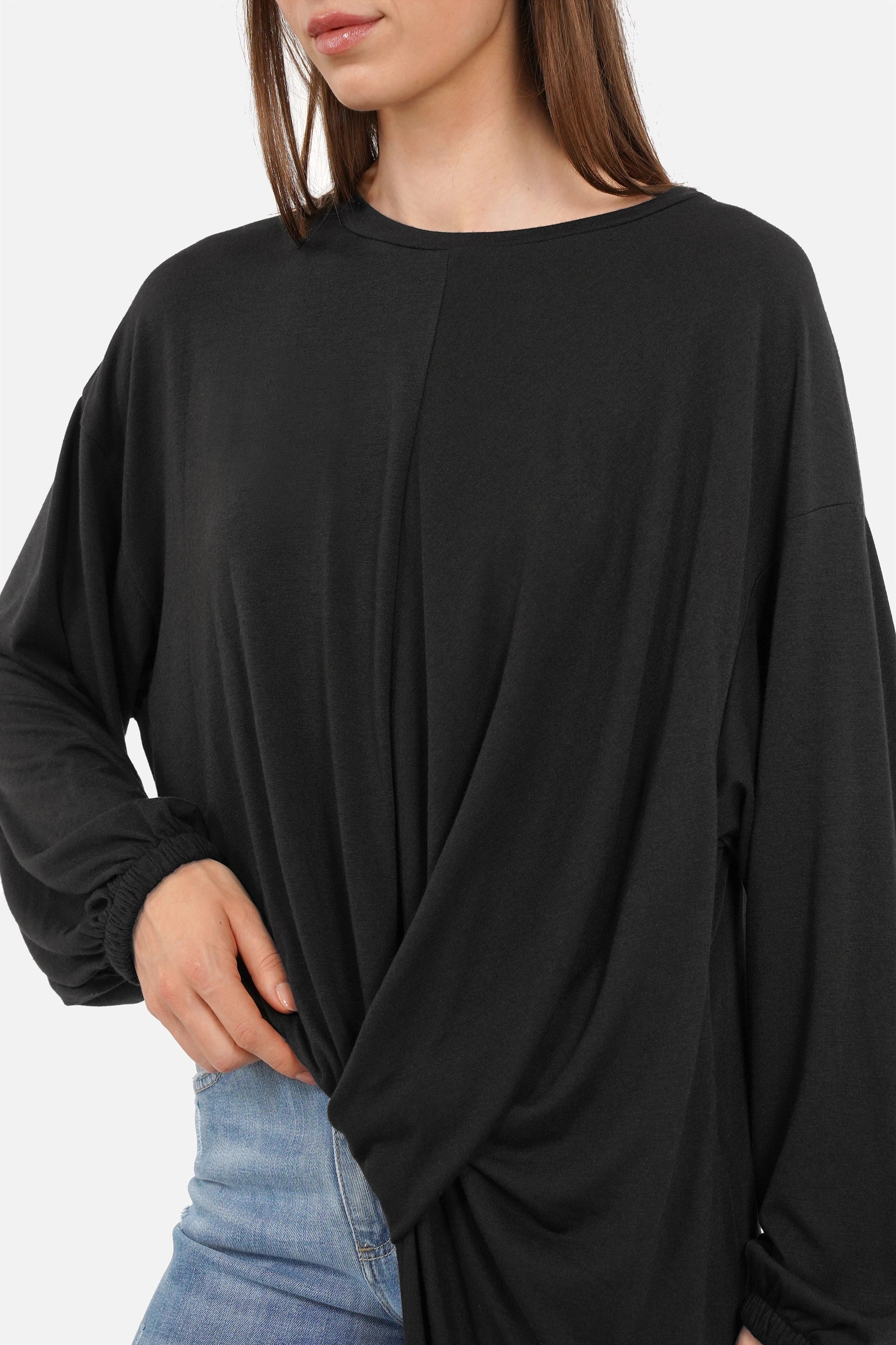 Schwarzes SENA Longline Shirt mit asymmetrischer One Shoulder Bluse und Drapierung, weiche Jerseyqualität