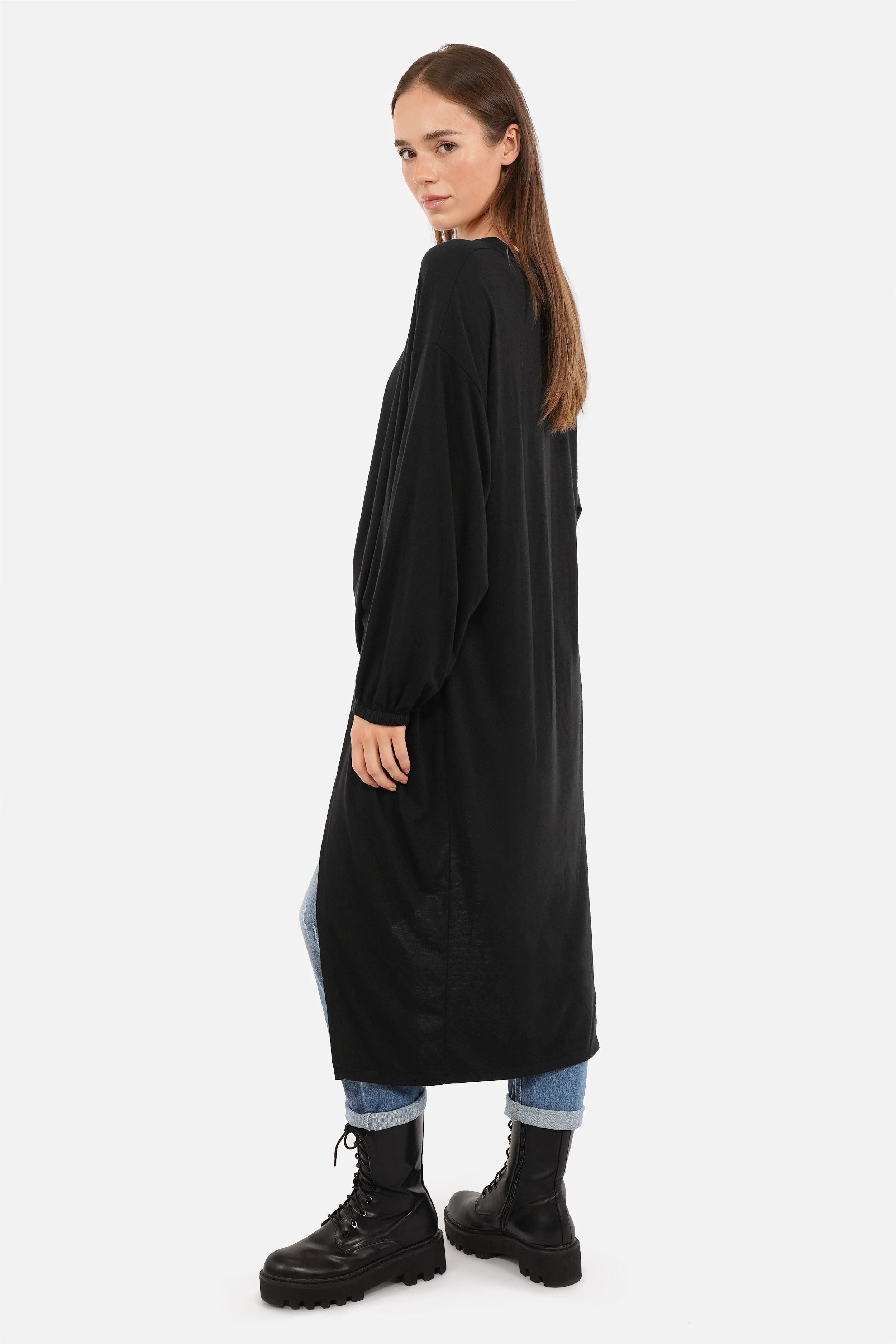 Asymmetrische One Shoulder Bluse SENA Longline Shirt Black mit Drapierung und Rundhalsausschnitt
