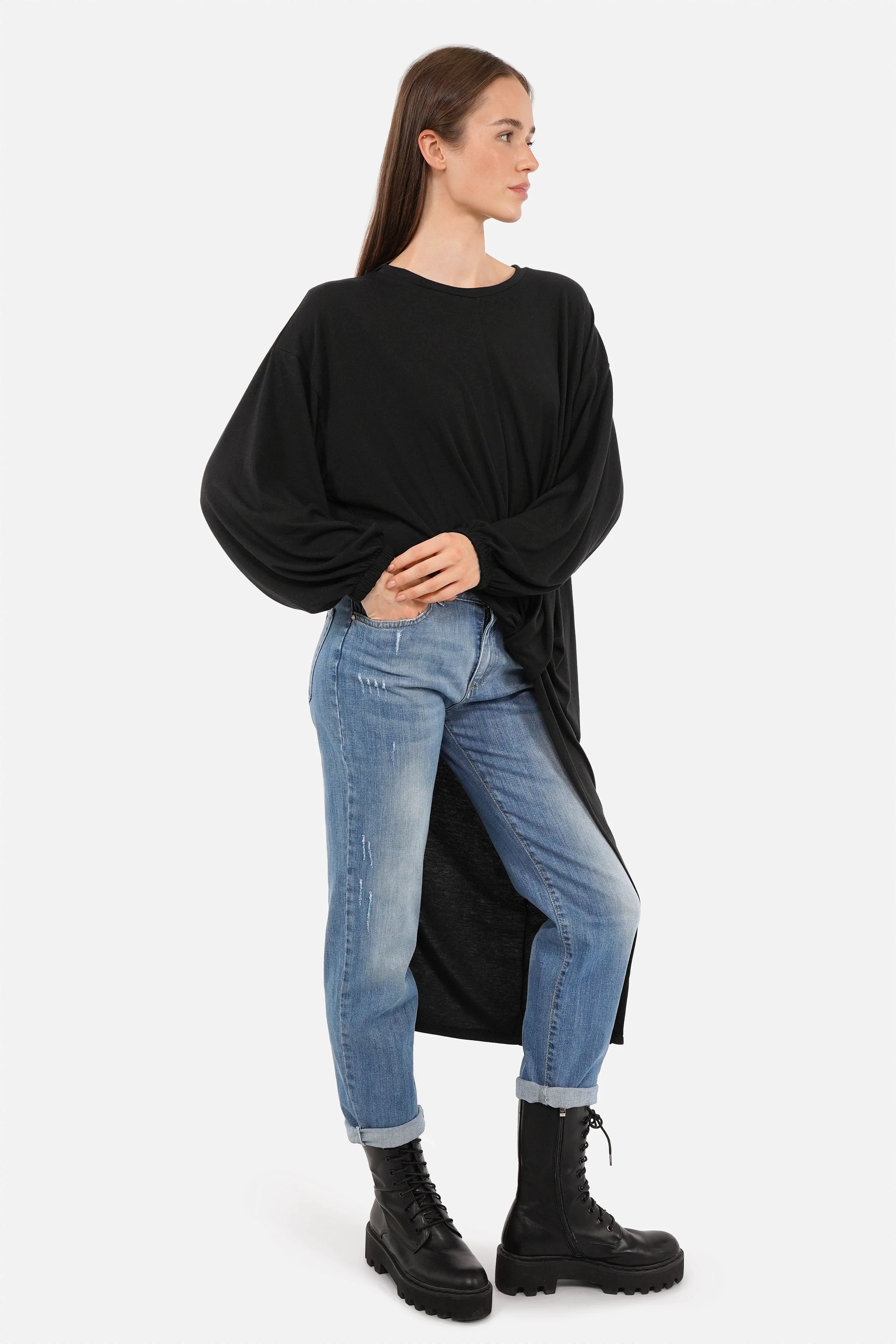 Schwarze SENA Longline Shirt mit asymmetrischer One Shoulder Bluse und Drapierung