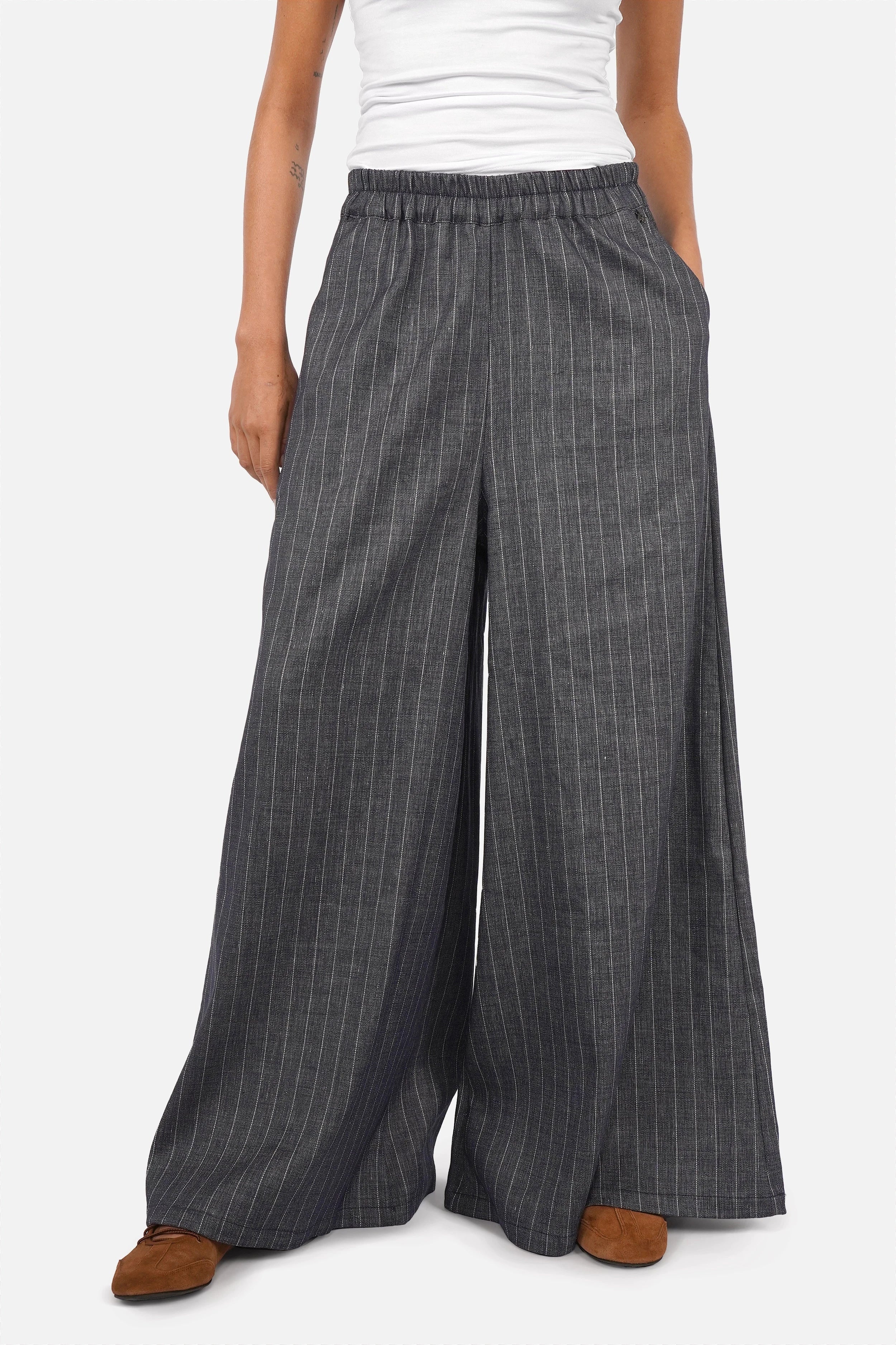 SIANA Wide Leg Hose leichte Leinenmix Hose mit weitem Bein und Gummibund