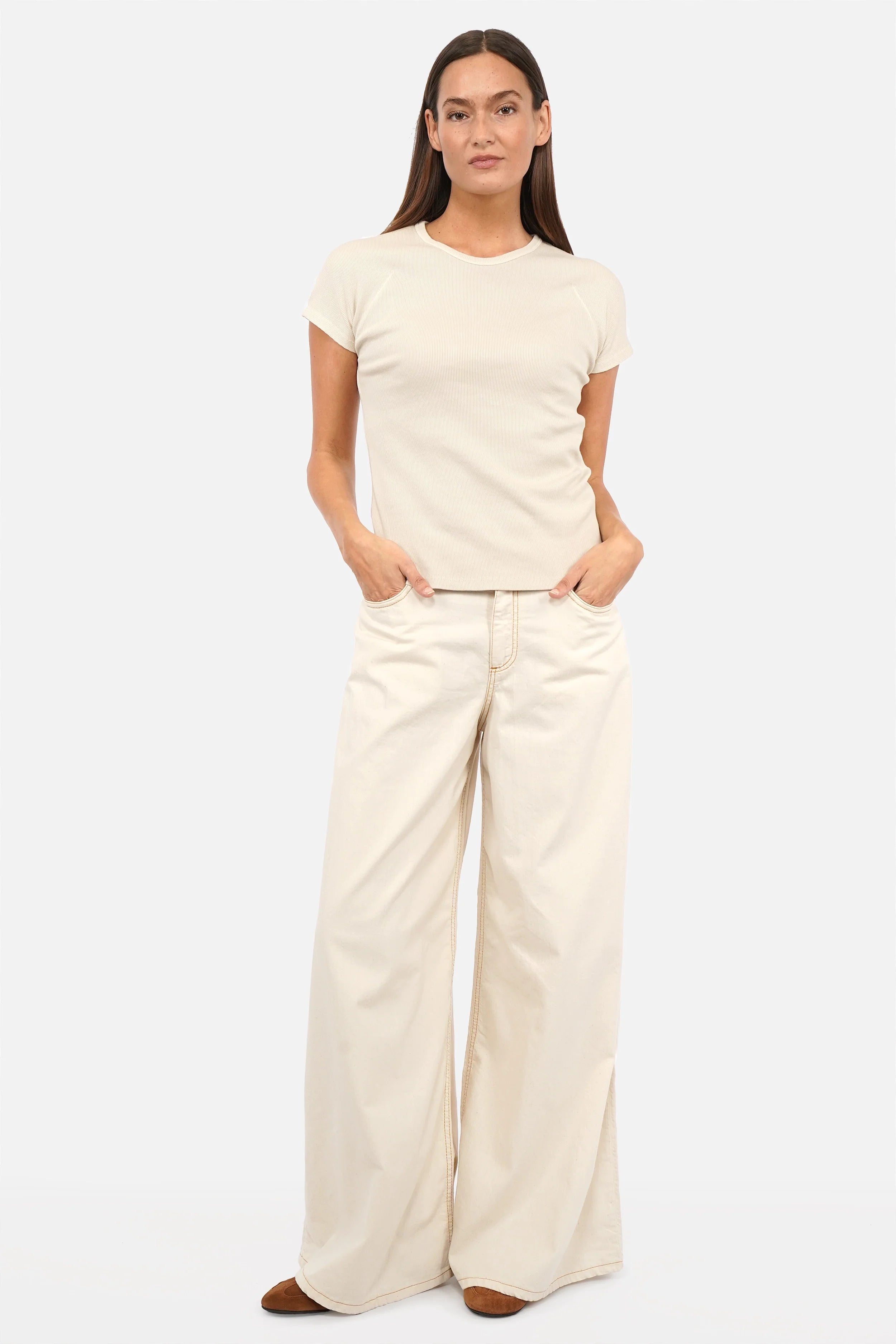 SYLA Wide Jeans natural denim high waist wide leg tobacco contrast stitching made in Italy
