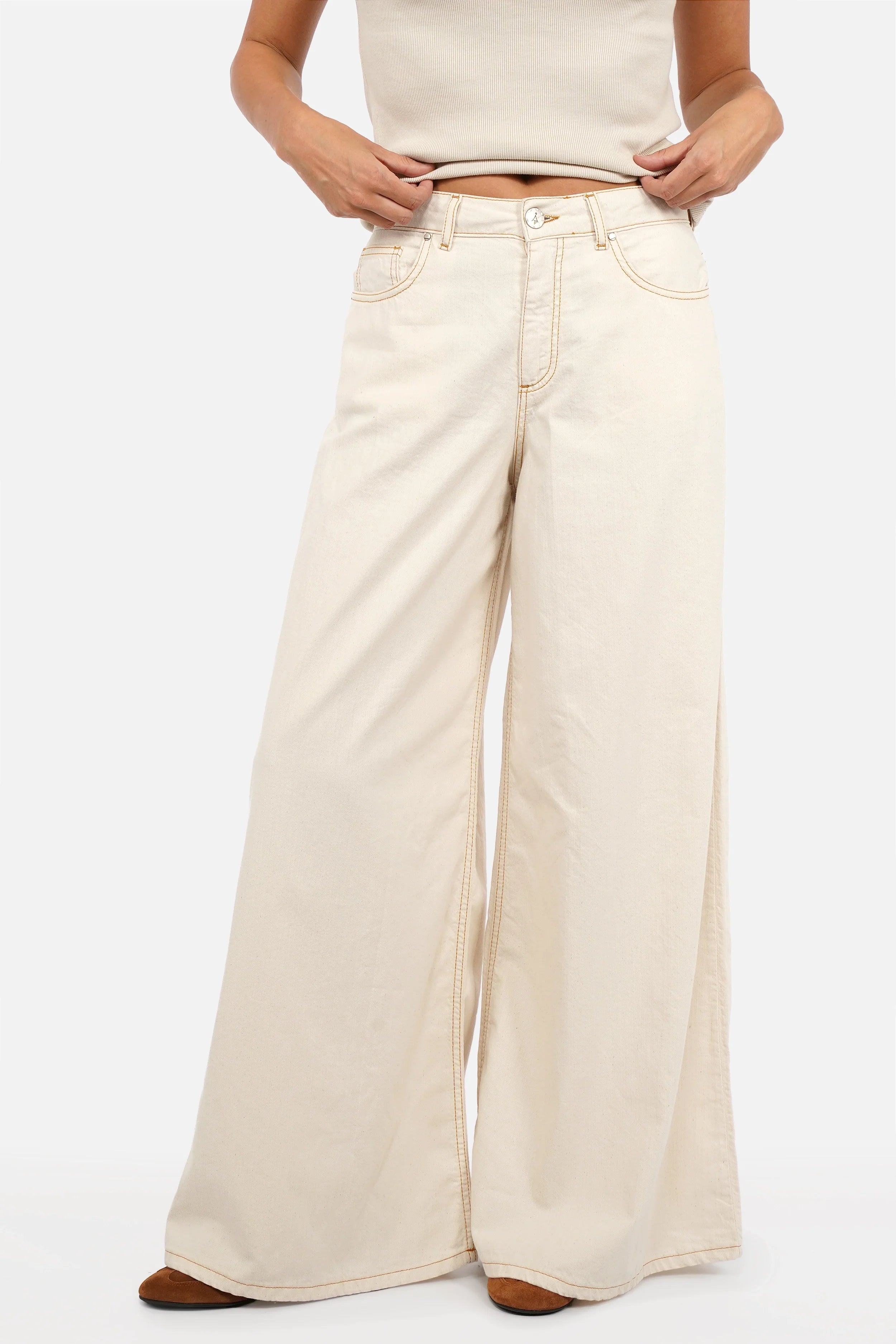 SYLA Wide Jeans lightweight natural cotton denim high waist with tobacco contrast stitching and extra long wide leg