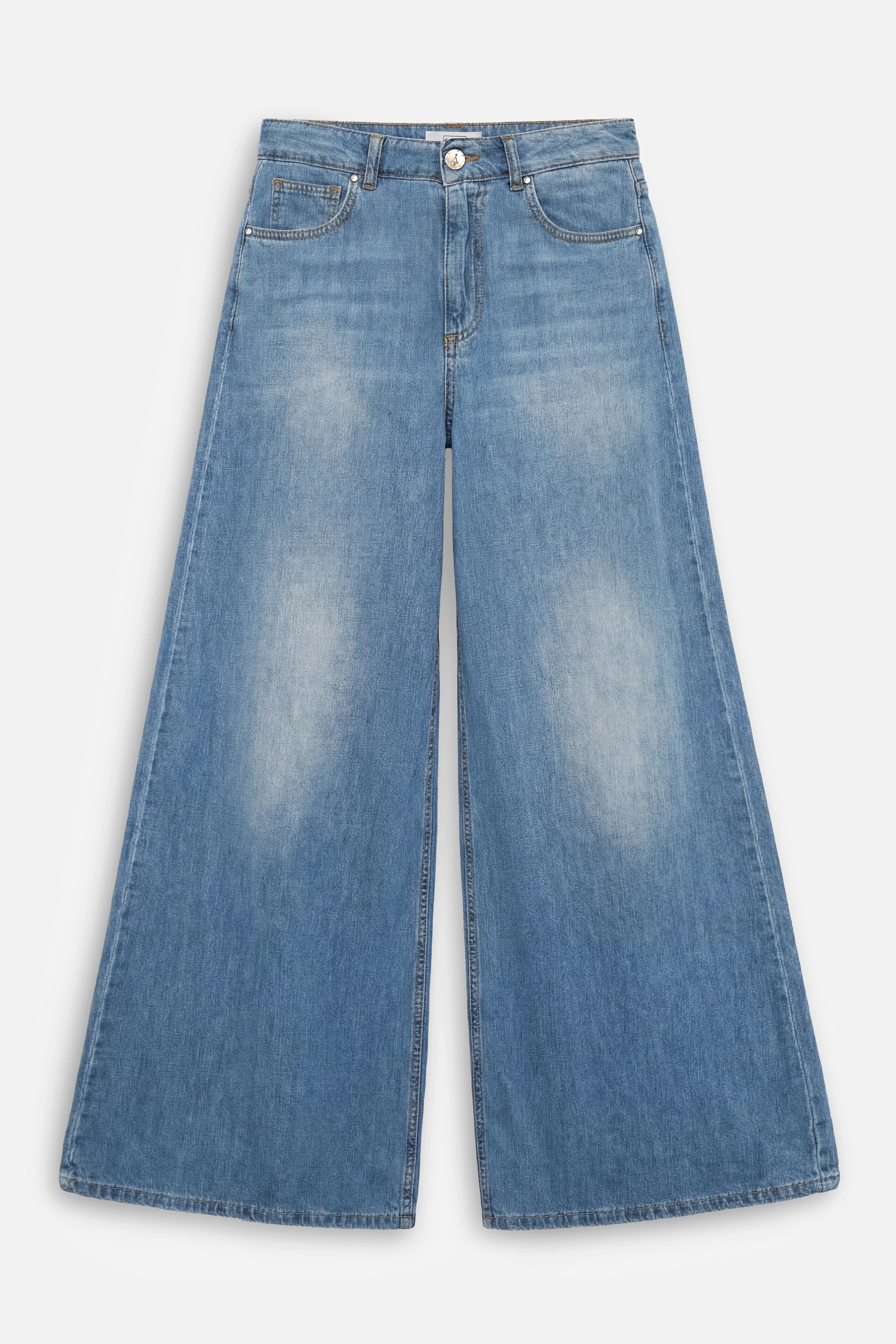 SYLA Wide Jeans aus weichem Denim in Mid-Blue, High Waist und weitem Bein, hergestellt in Italien