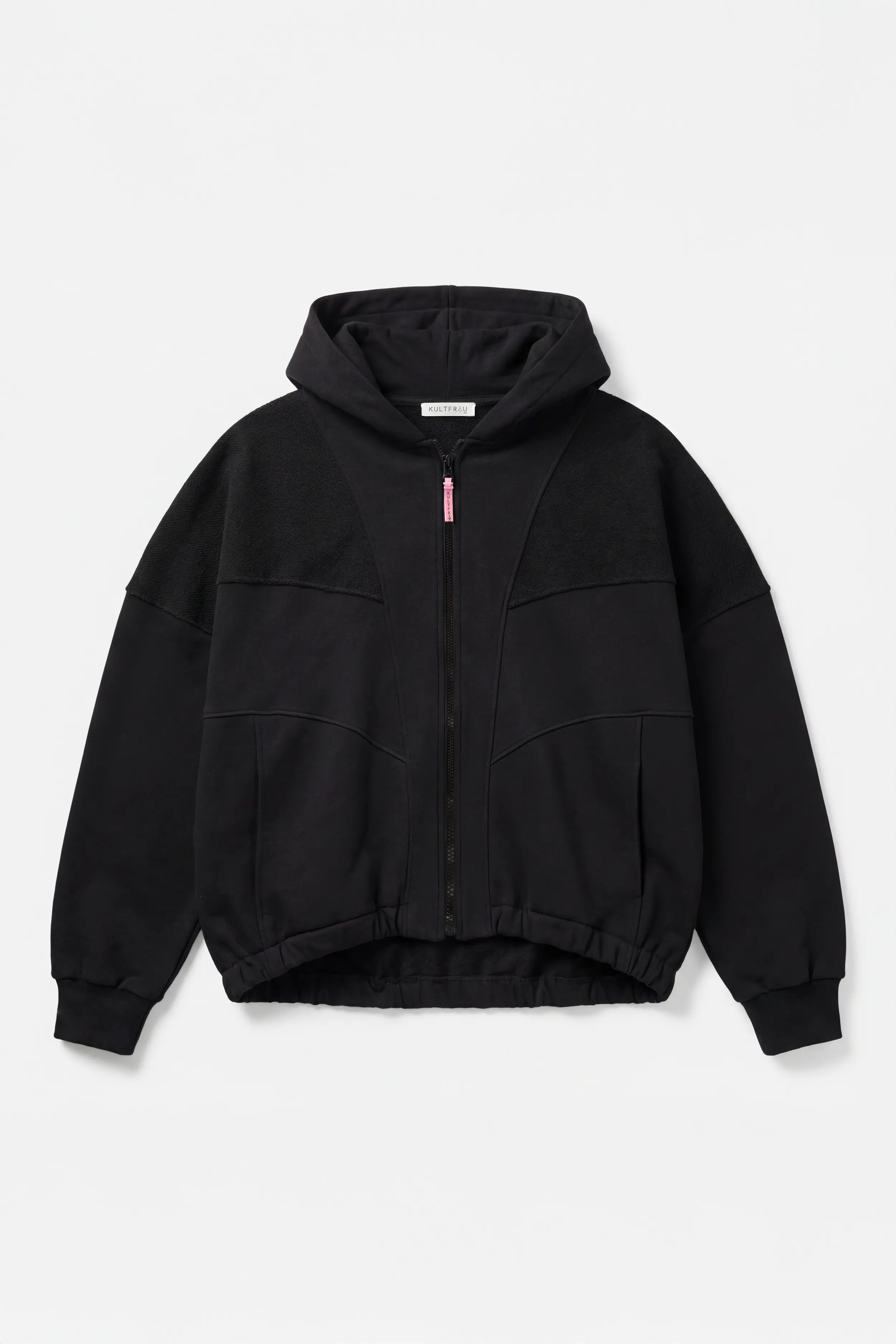 Oversized SOVIA zip-hoodie with left fabric side details and pink KULTFRAU zipper logo