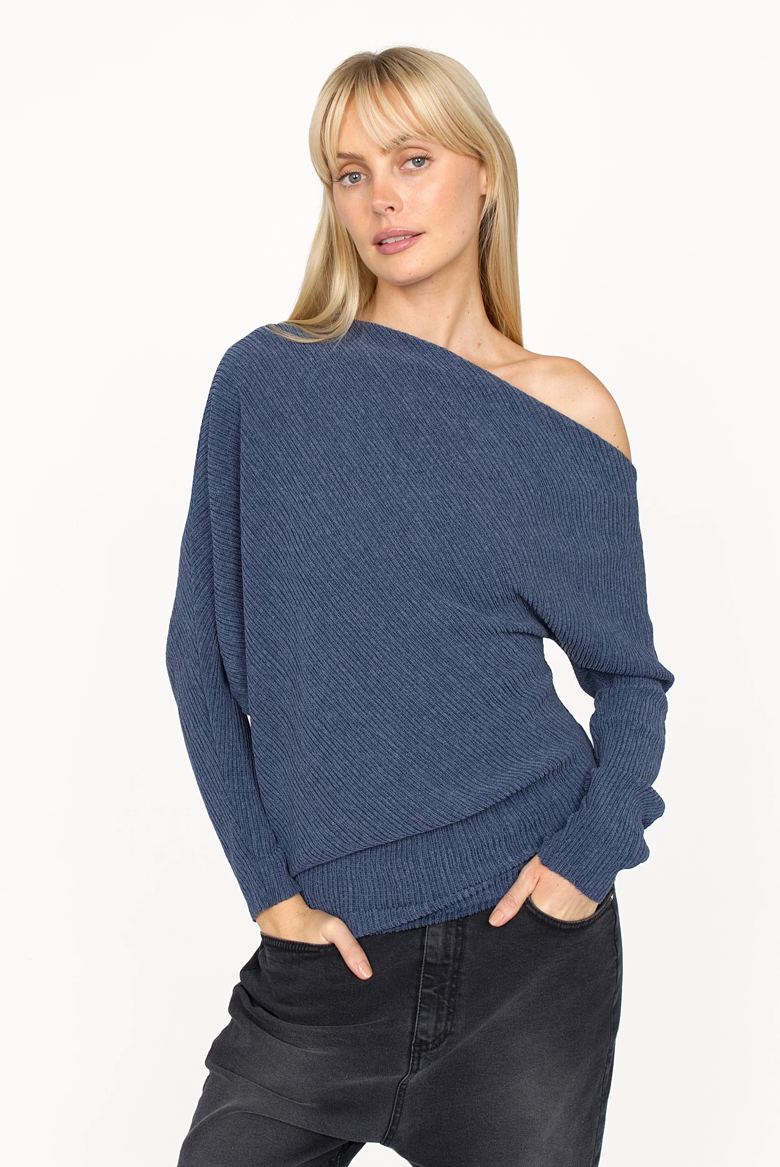 Blue one-shoulder top with pleated crepe jersey, relaxed fit, and wide batwing sleeve
