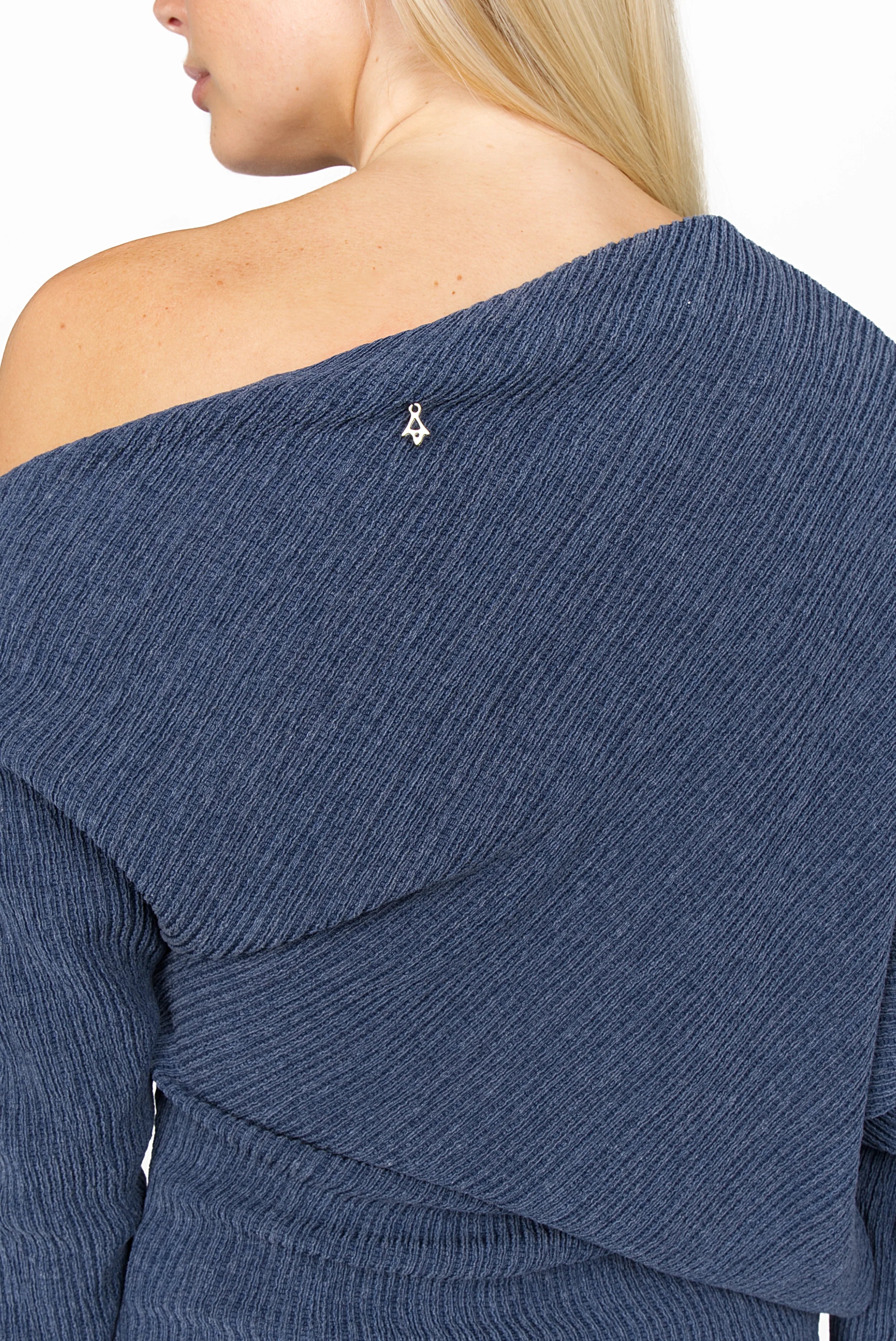 Blue pleated crepe jersey one-shoulder top with wide batwing sleeve and raw-cut hem