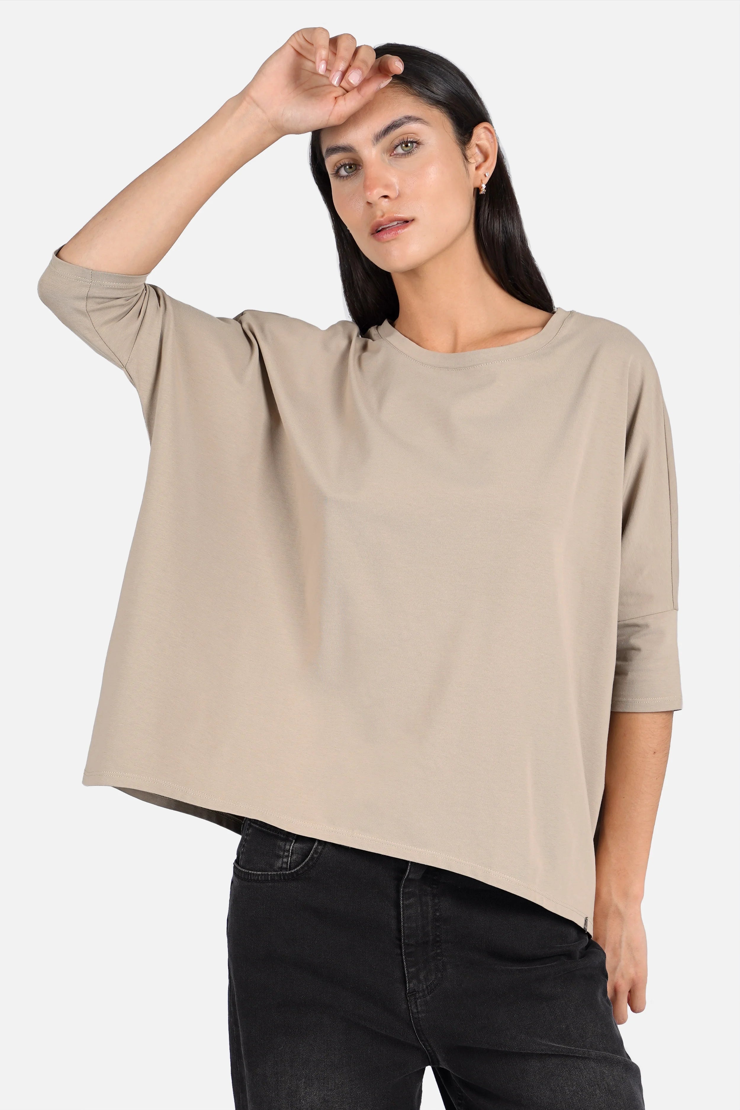 TAMI.K Blusenshirt locker fallendes Baumwollshirt in Kastenform mit Rundhals und relaxed Schnitt