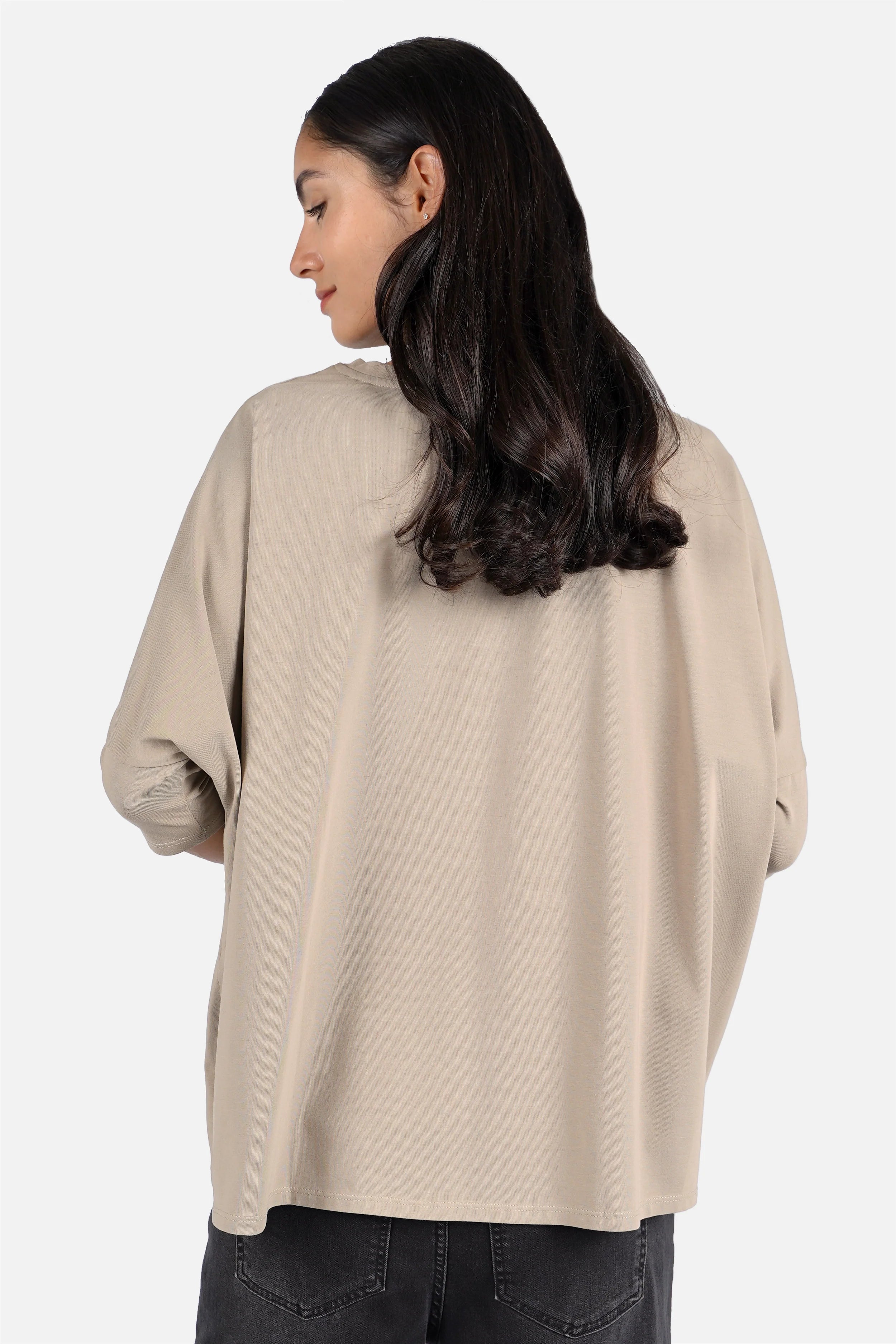 TAMI.K Blusenshirt locker fallendes Baumwollshirt mit Rundhals und weitem Kastenform-Schnitt in tiefen Farben