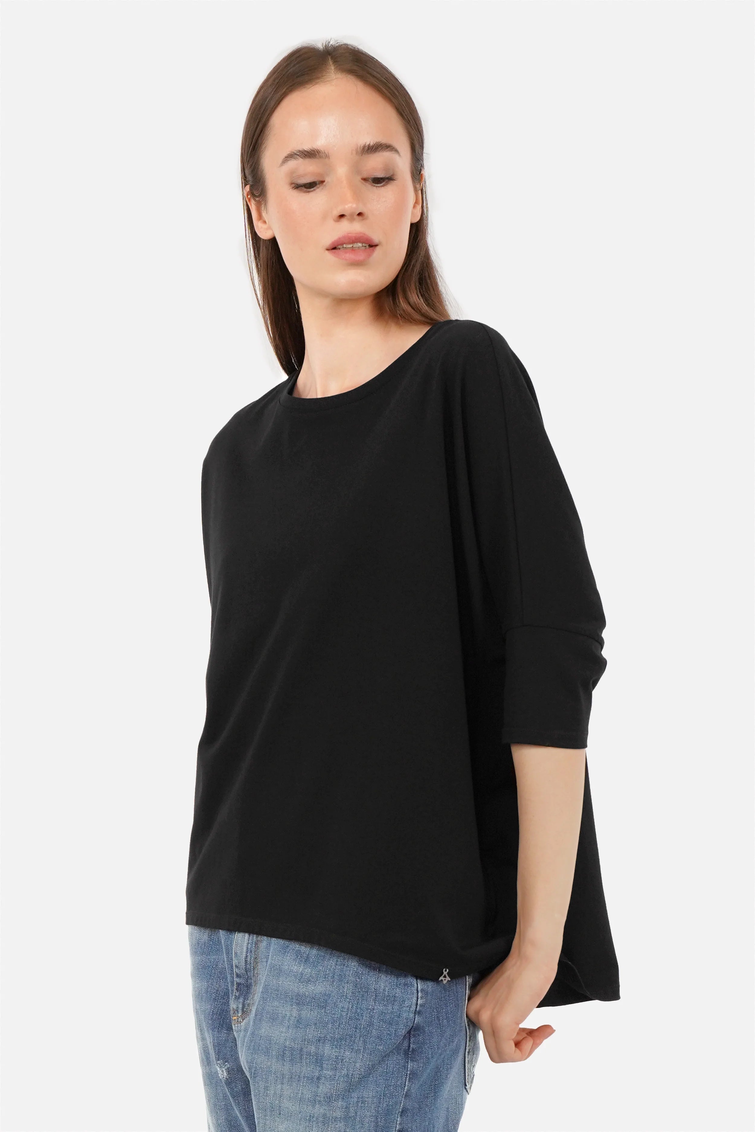 TAMI.K Blusenshirt locker fallendes Baumwollshirt in Kastenform mit Rundhals und relaxed Schnitt