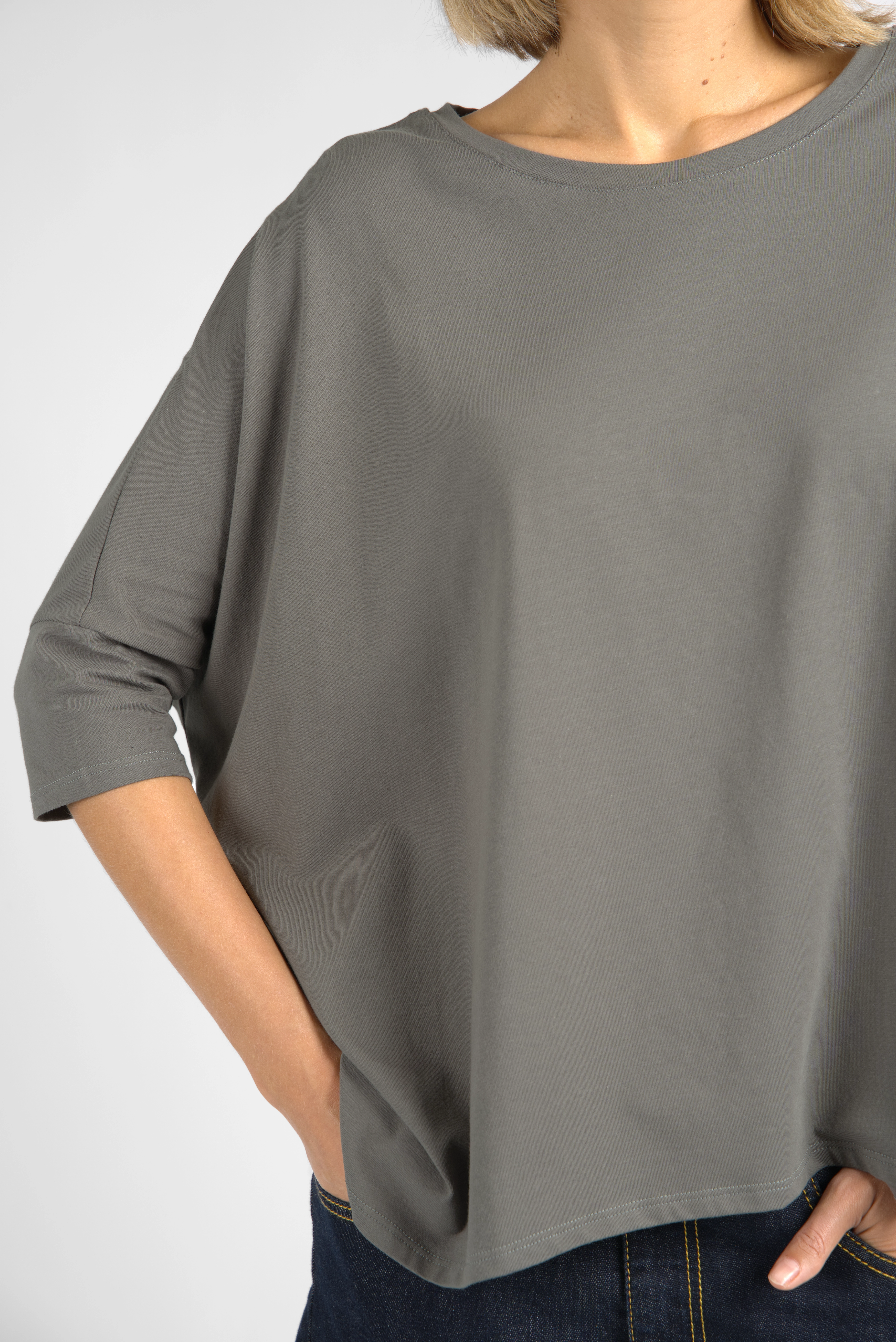 TAMI.K Blusenshirt aus hochwertiger Baumwolle in weiter Kastenform mit Rundhals und 3/4-Ärmeln in Grau