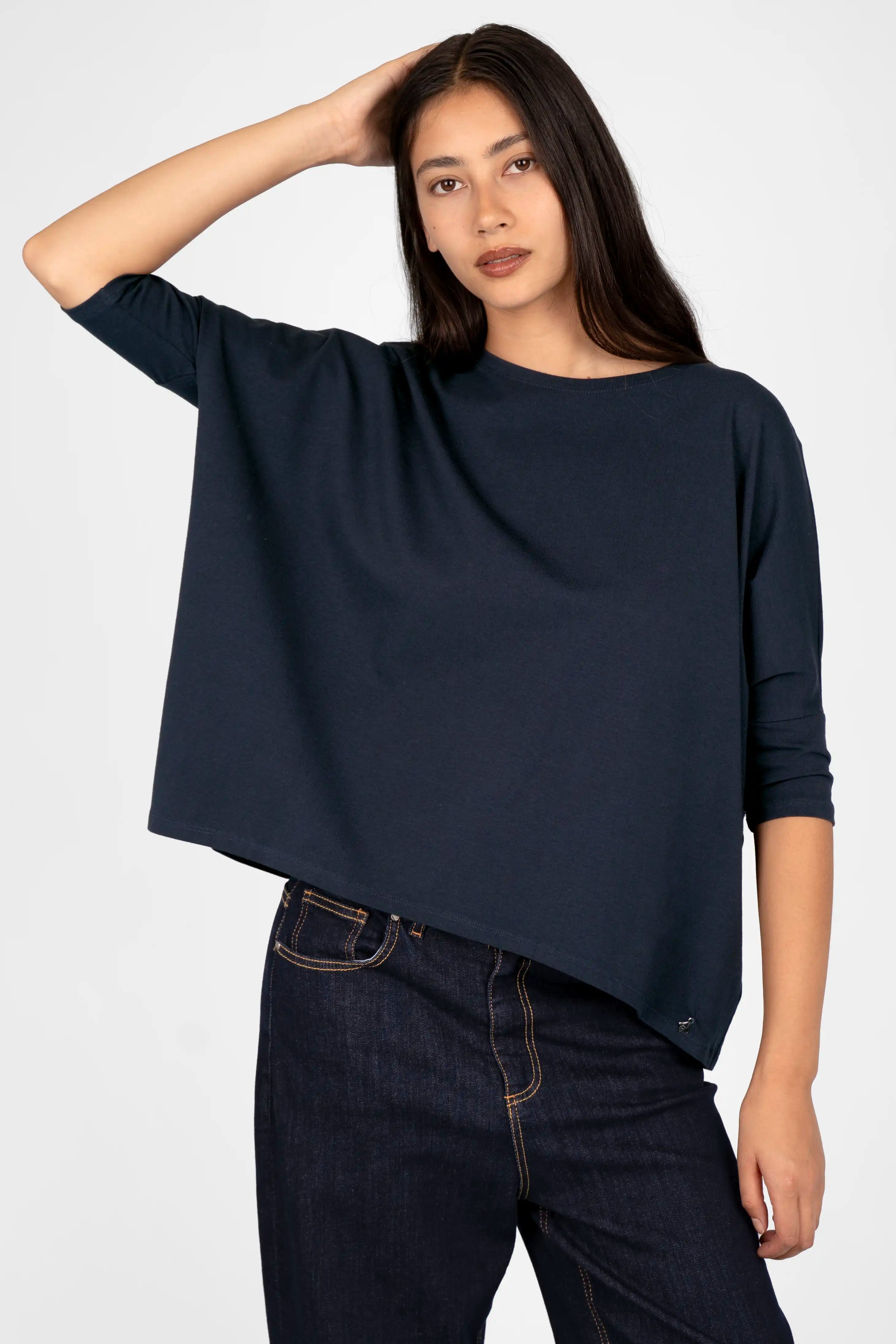 TAMI.K Blusenshirt locker fallendes Baumwollshirt in Kastenform mit Rundhals und weitem Schnitt in dunklem Blau