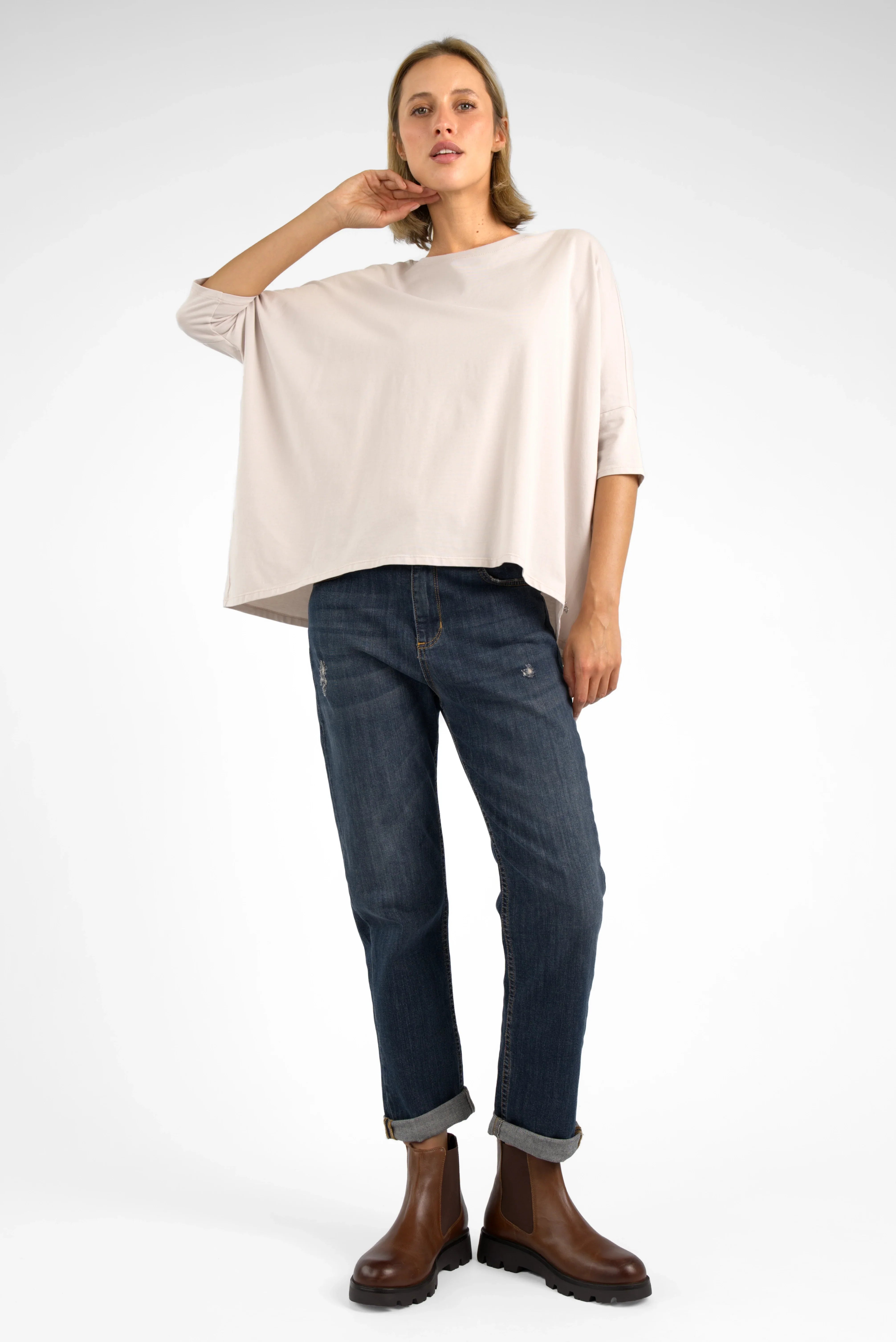 TAMI.K Blusenshirt locker fallendes Baumwollshirt in Kastenform mit Rundhals und relaxed Schnitt in hellbeige