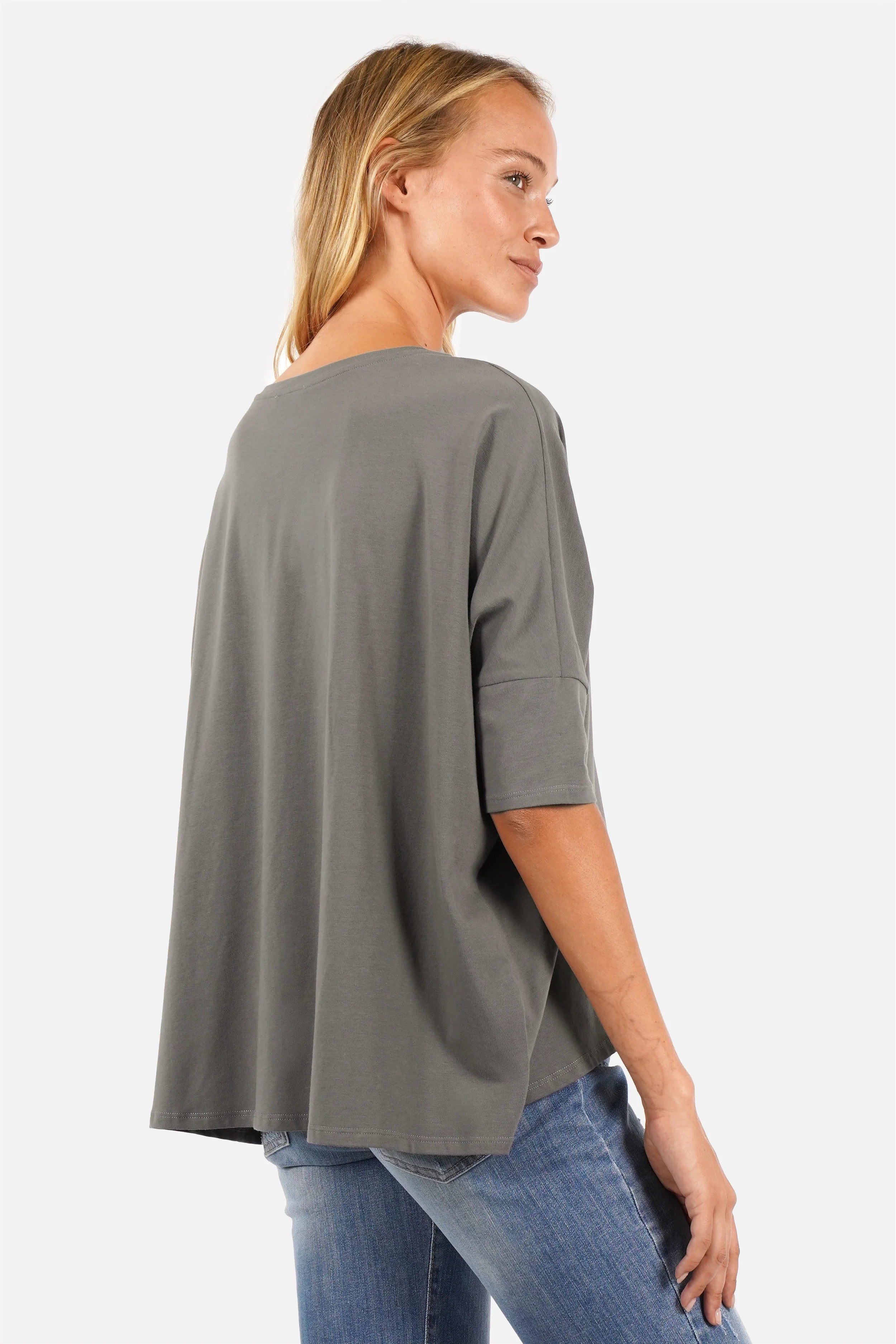 TAMI.K Blusenshirt locker fallendes Baumwollshirt in Kastenform mit Rundhals und relaxed Schnitt in tiefen Farben