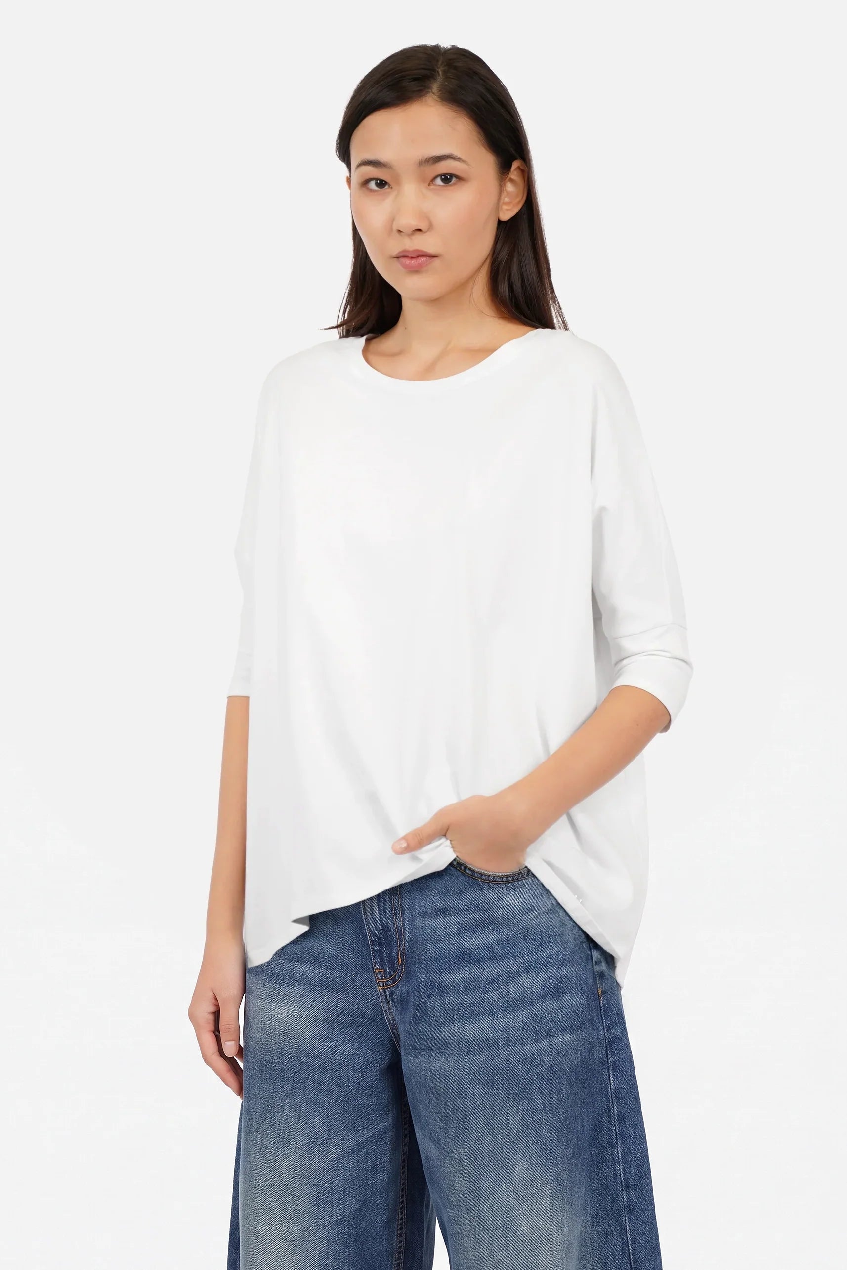 TAMI.K Blusenshirt locker fallendes Baumwollshirt mit Rundhals und Kastenform in tiefen Farben