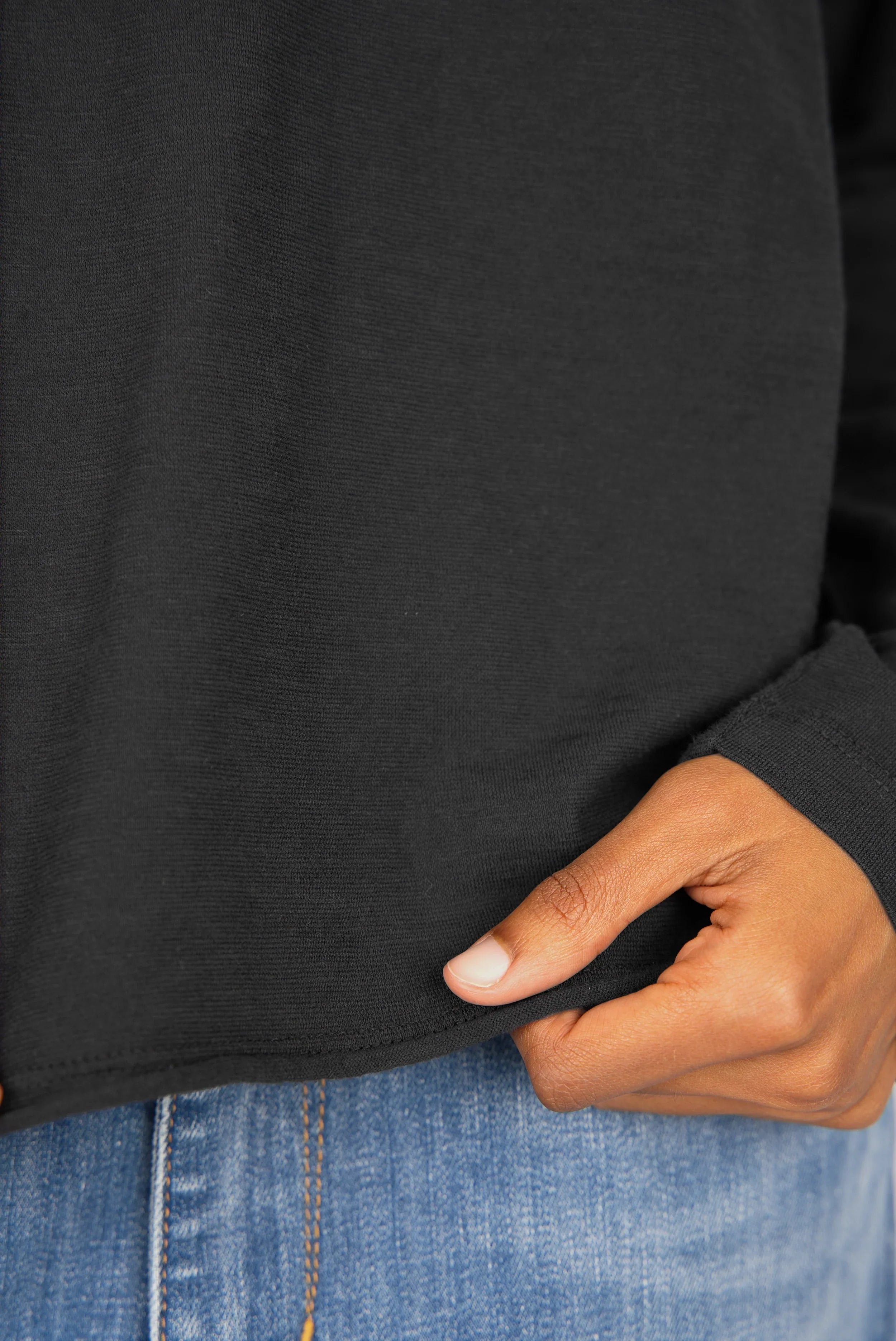 TEHI Longsleeve black soft fiammato cotton long sleeve shirt with open edge neckline and raglan sleeves