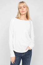 Weißes TEHI Longsleeve aus softer Fiammato-Baumwolle mit Rundhalsausschnitt und extralangen Raglanärmeln, Regular Fit