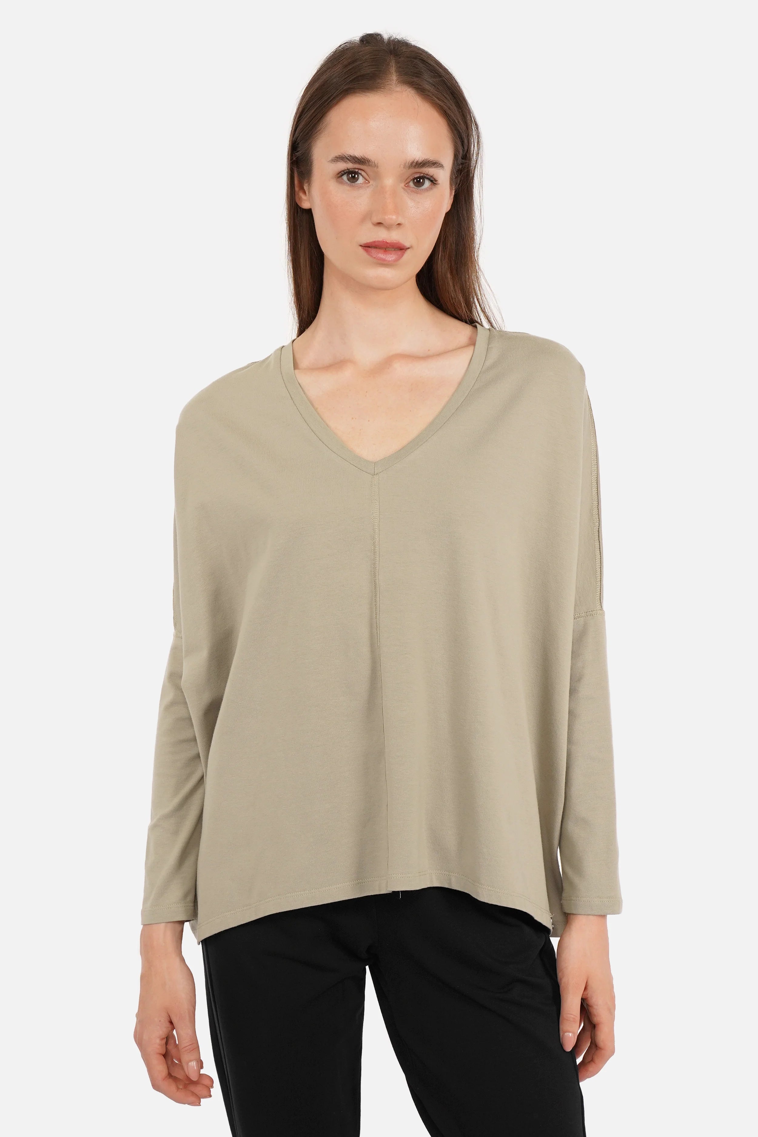 Blusenshirt Langarm aus hochwertiger Baumwolle mit V-Ausschnitt und weitem Relaxed Fit