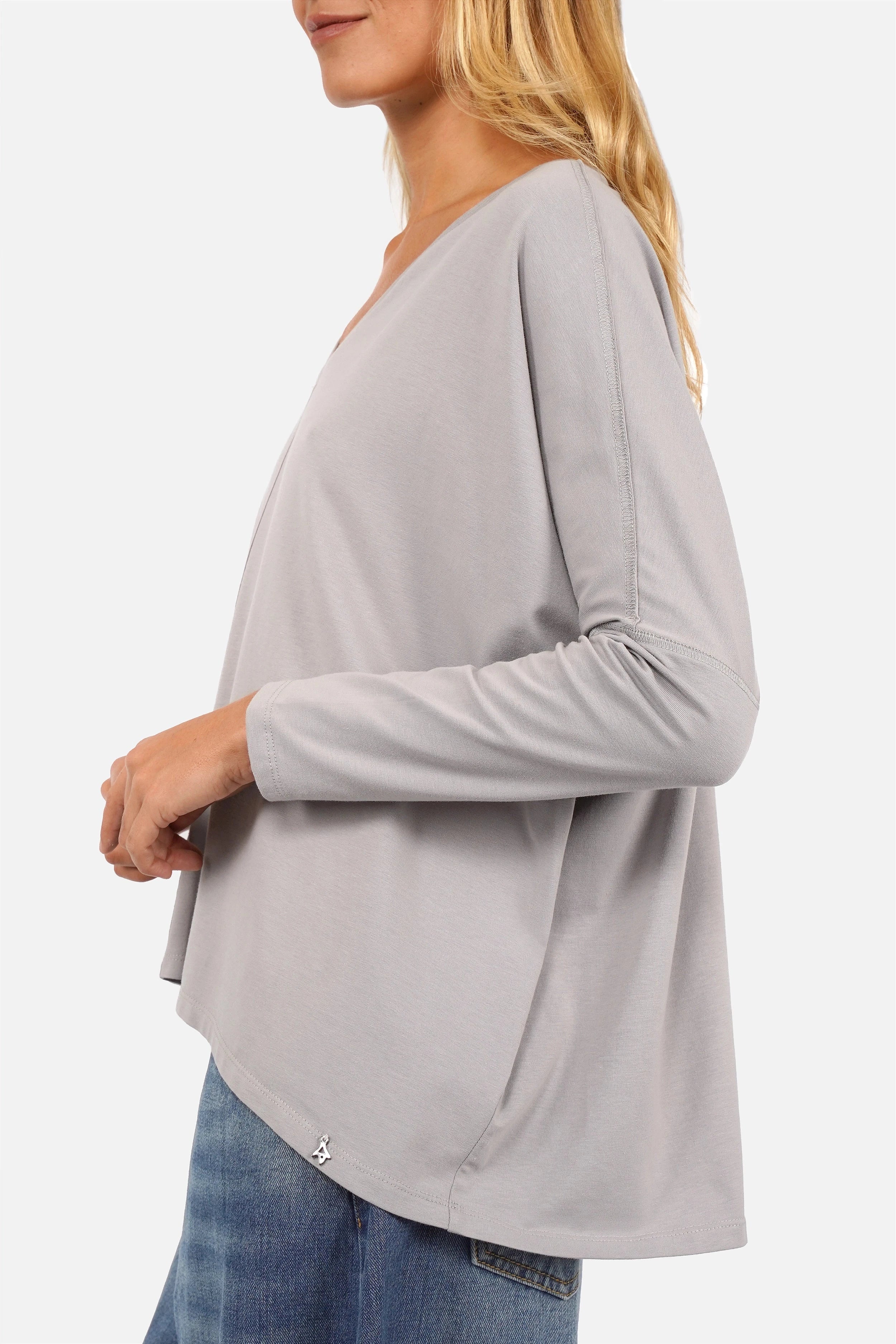 Blusenshirt Langarm aus hochwertiger Baumwolle mit V-Ausschnitt und weitem Kastenform-Schnitt