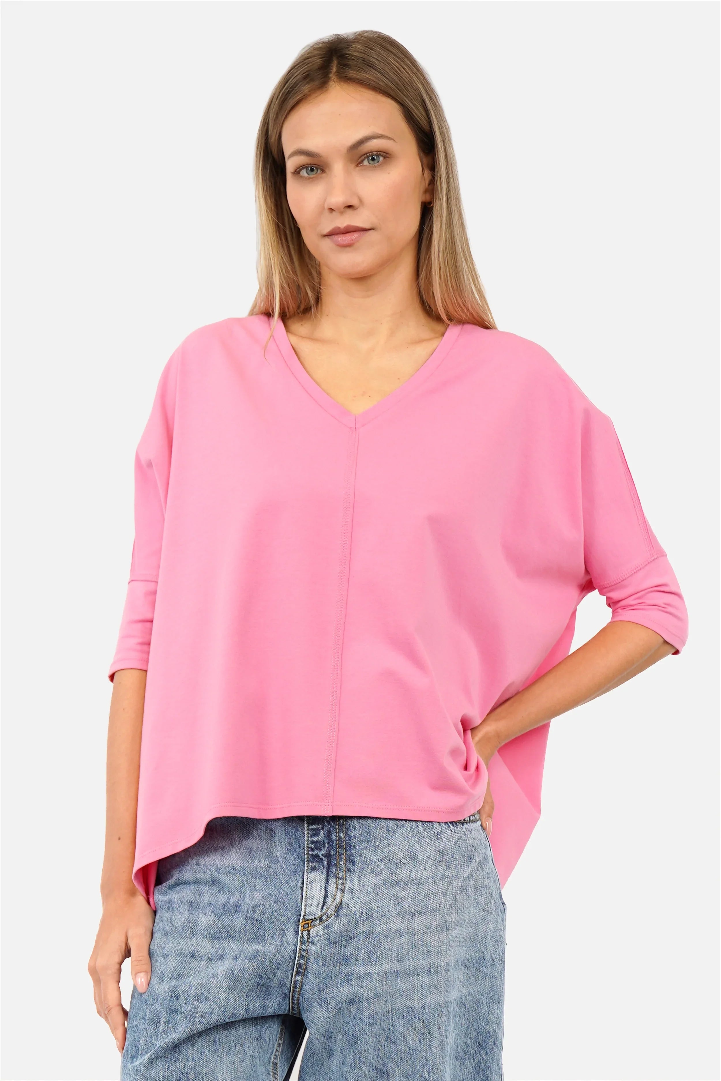 Locker fallendes Blusenshirt mit V-Ausschnitt und weitem Kastenform-Schnitt aus hochwertiger Baumwolle