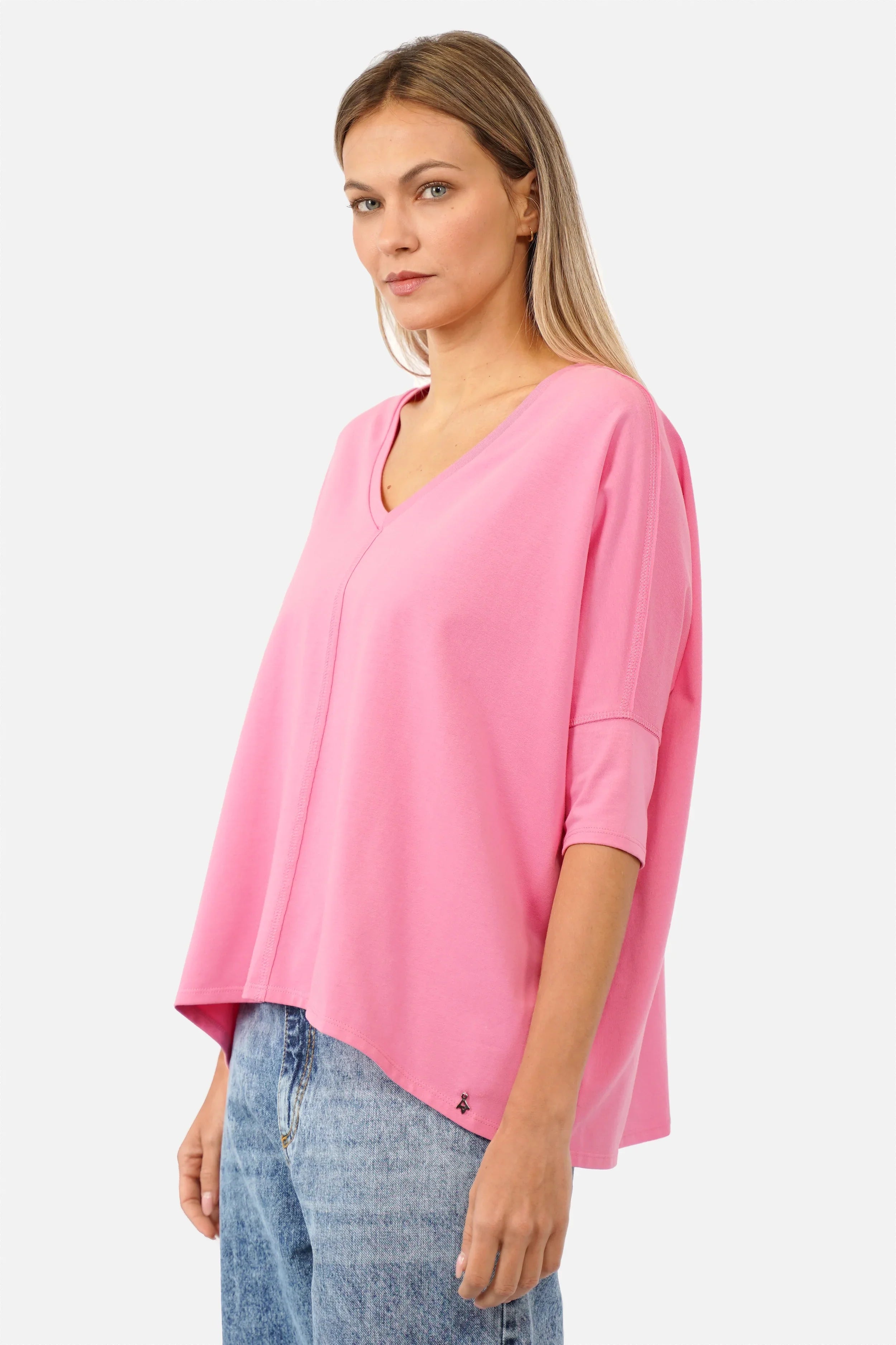Locker fallendes blaues Blusenshirt mit V-Ausschnitt und weitem Schnitt aus hochwertiger Baumwolle