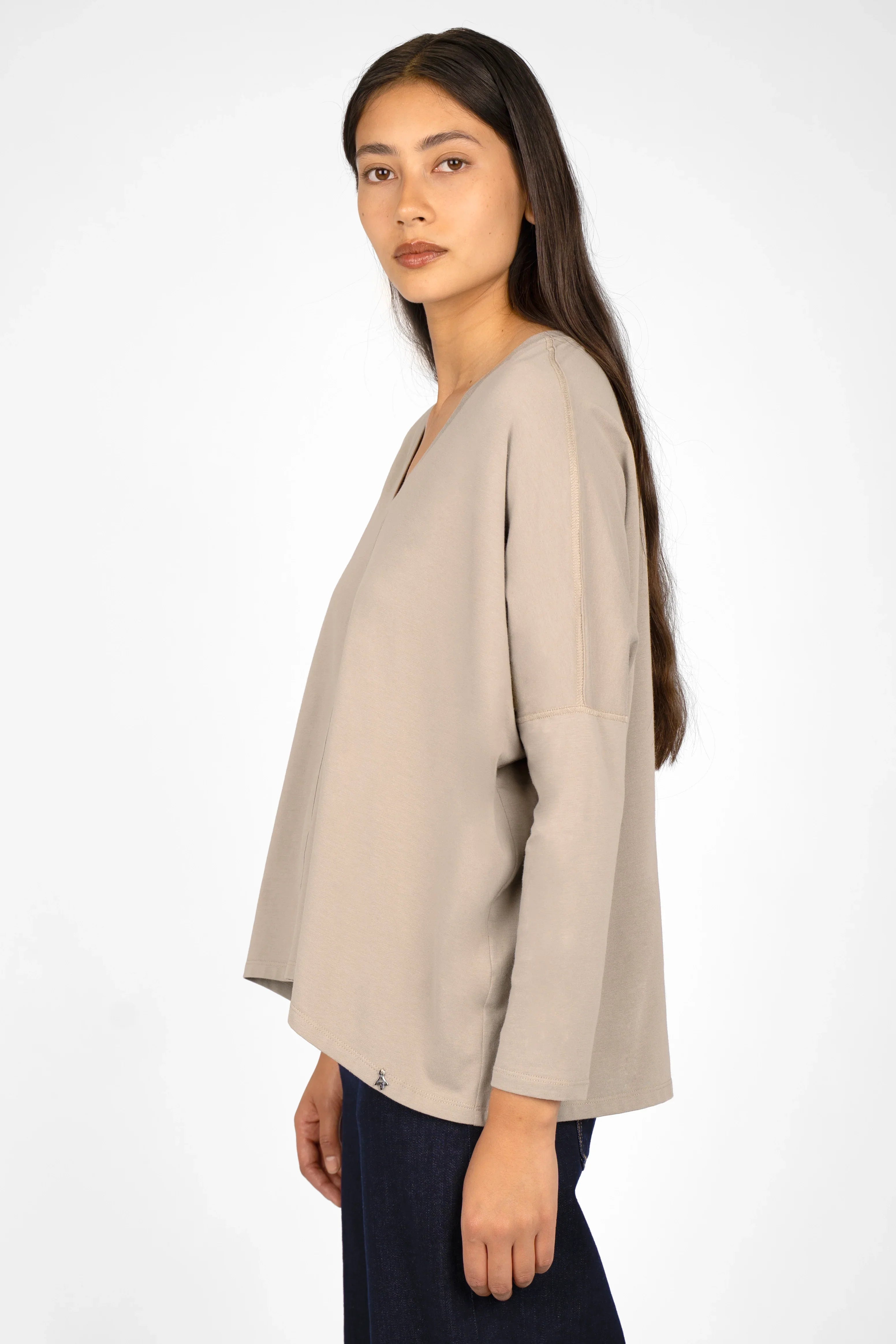 TIDA Blusenshirt beige langarmshirt mit V-Ausschnitt und lockerem Schnitt