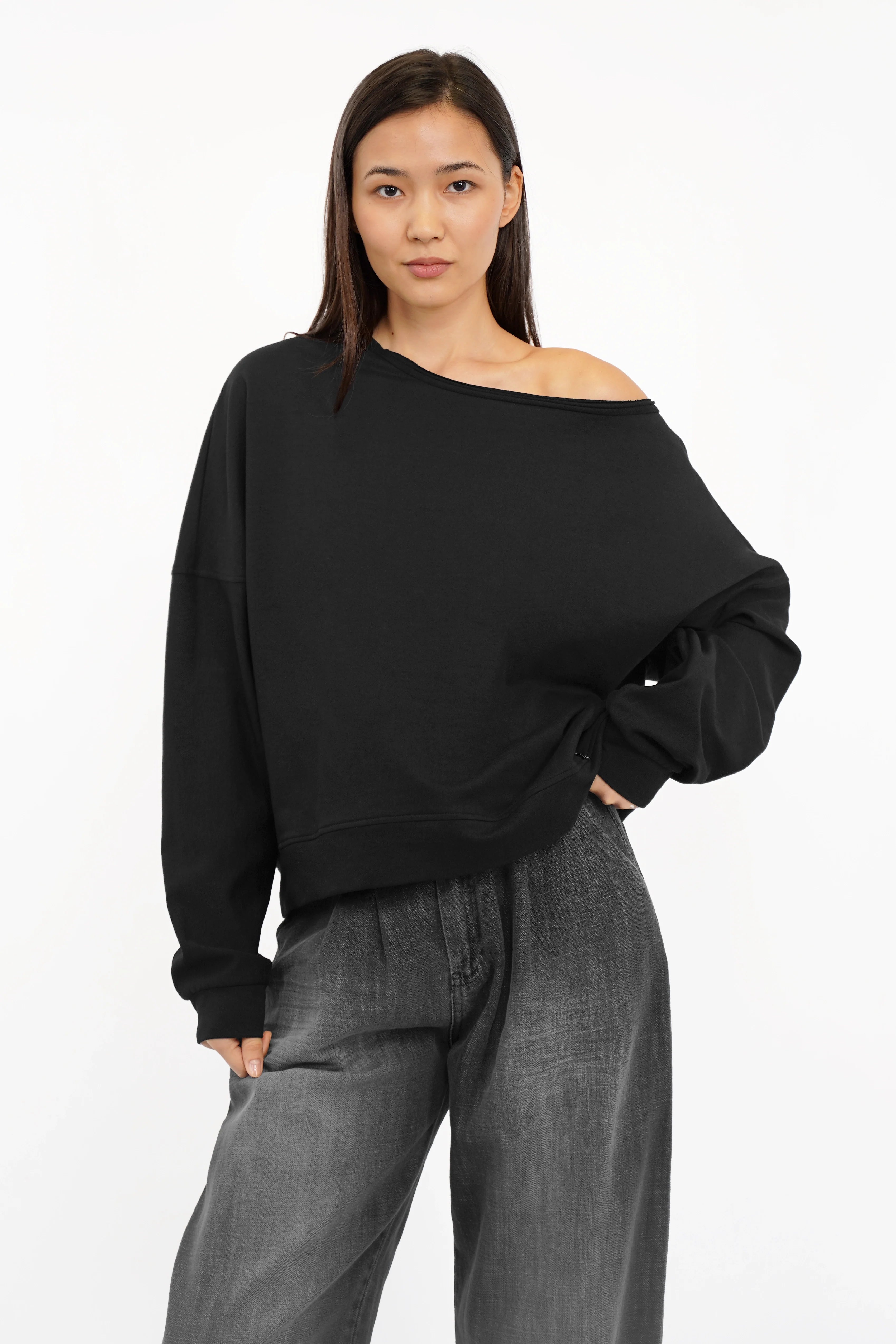 TIMAJ One Shoulder Sweater loose fit with wide neckline, soft fabric, extended cuffs, and longer back detail
