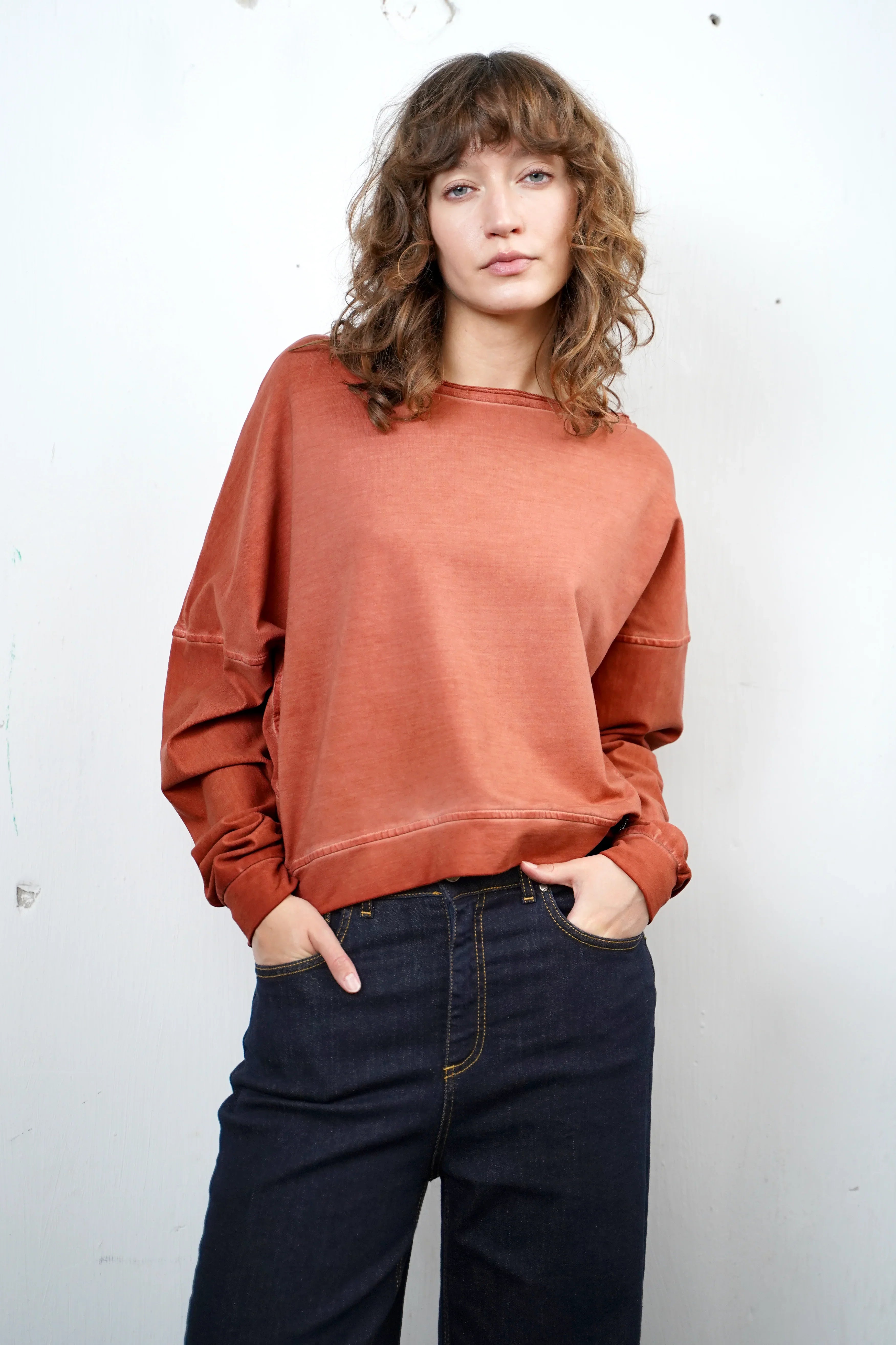 TIMAJ Revive One Shoulder Sweater in mocha vintage wash with loose fit and raw edge neckline