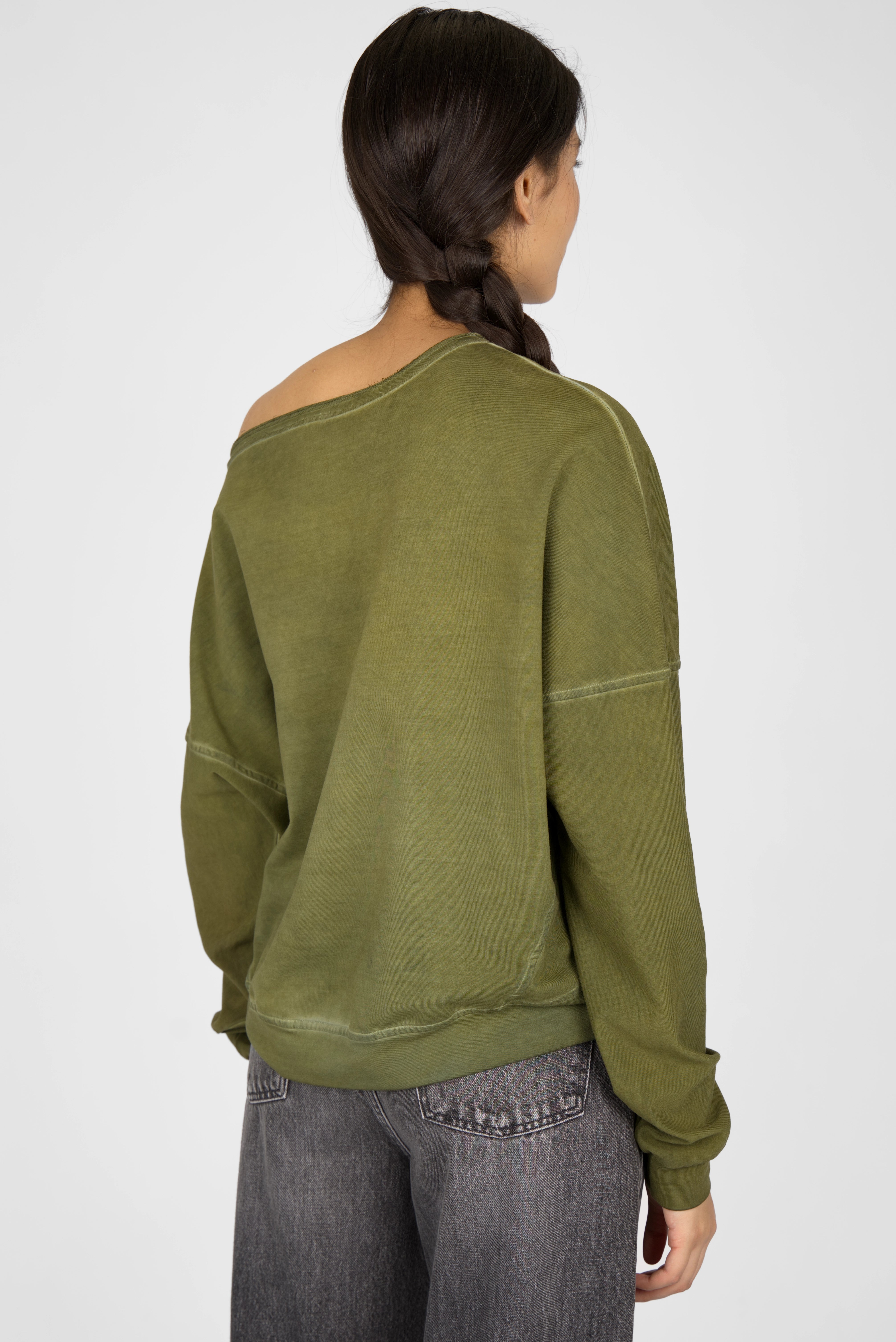 TIMAJ Revive One Shoulder Sweater in olive green with loose fit and wide neckline showing one shoulder