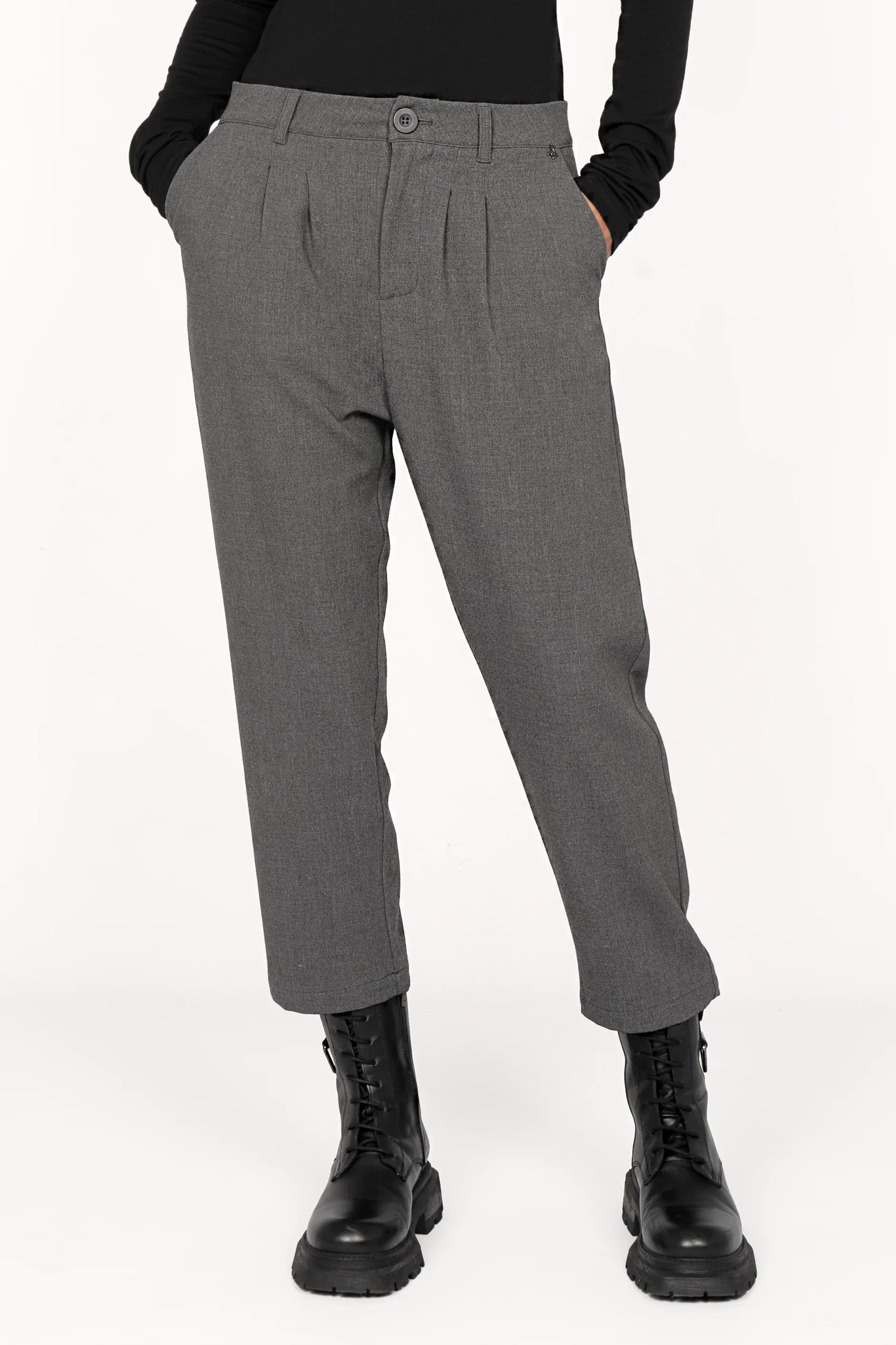 Tinkle Hose Cropped fit grey cropped trousers with light pleats and zipper fly