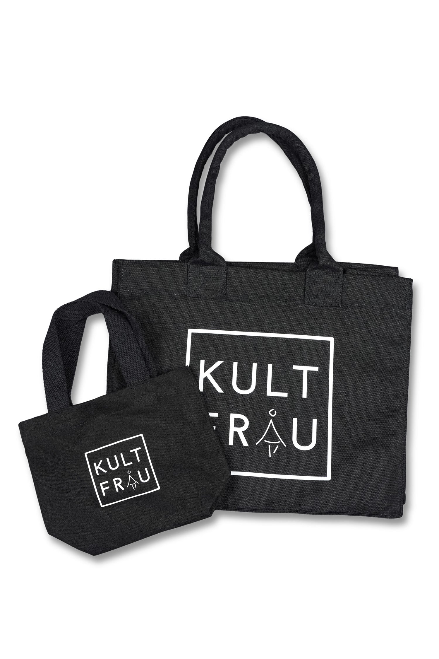 Schwarze MINI Tote Bag aus Baumwoll-Canvas mit weißem Logo, kompakt und robust für den Alltag