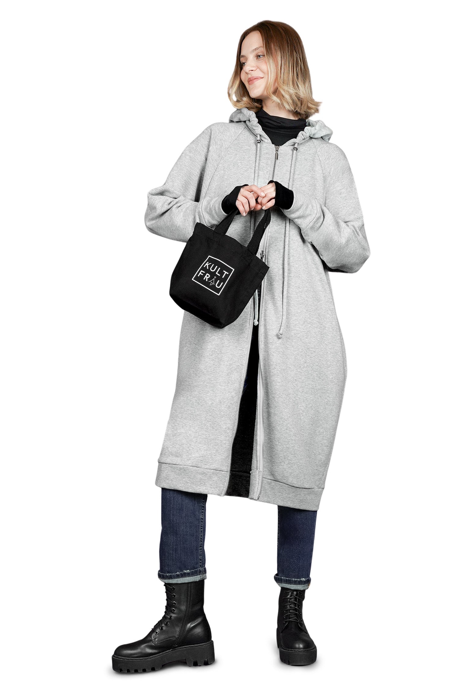 Black MINI Tote Bag made of cotton canvas with white logo print, compact size for daily essentials