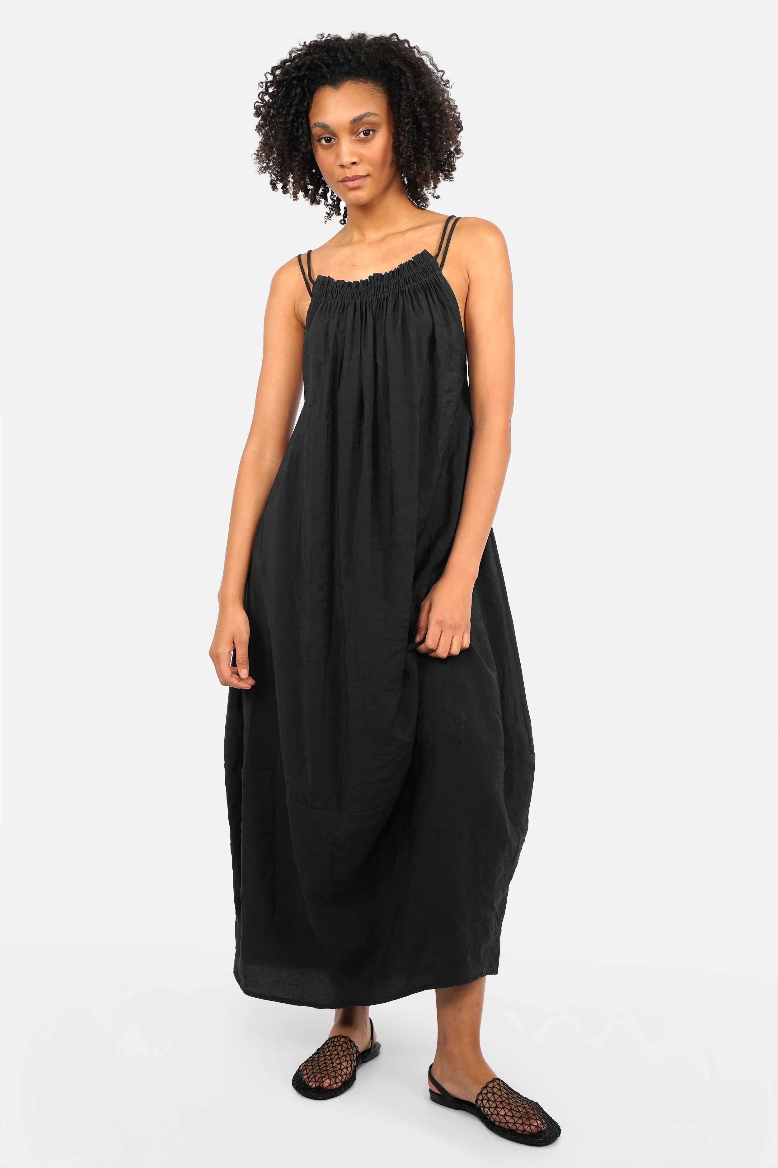 TULIP Maxikleid luftiges Ballonkleid mit Raffung am Kragen und Spaghettiträgern