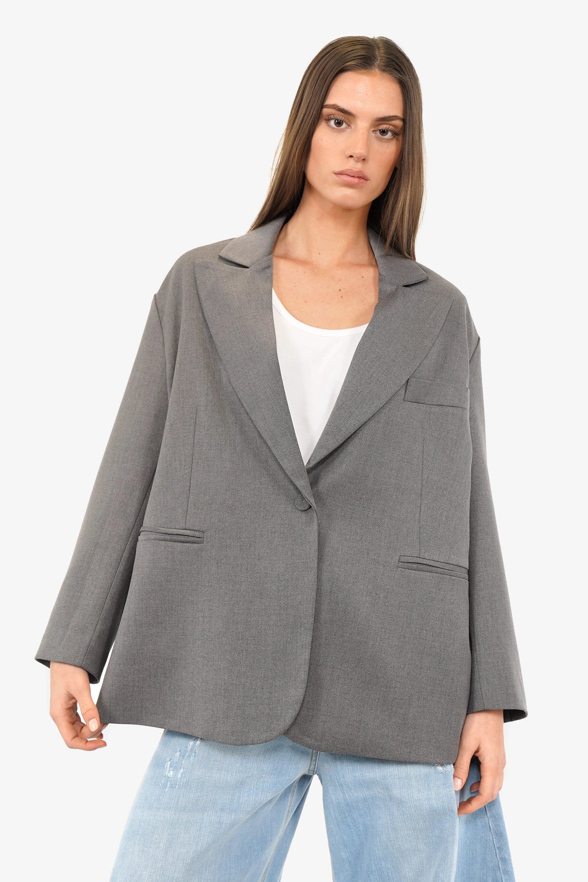 VANYAA oversized blazer with soft flowing fabric, notch lapel, fabric-covered button closure, front welt pockets, back vents, and lined interior