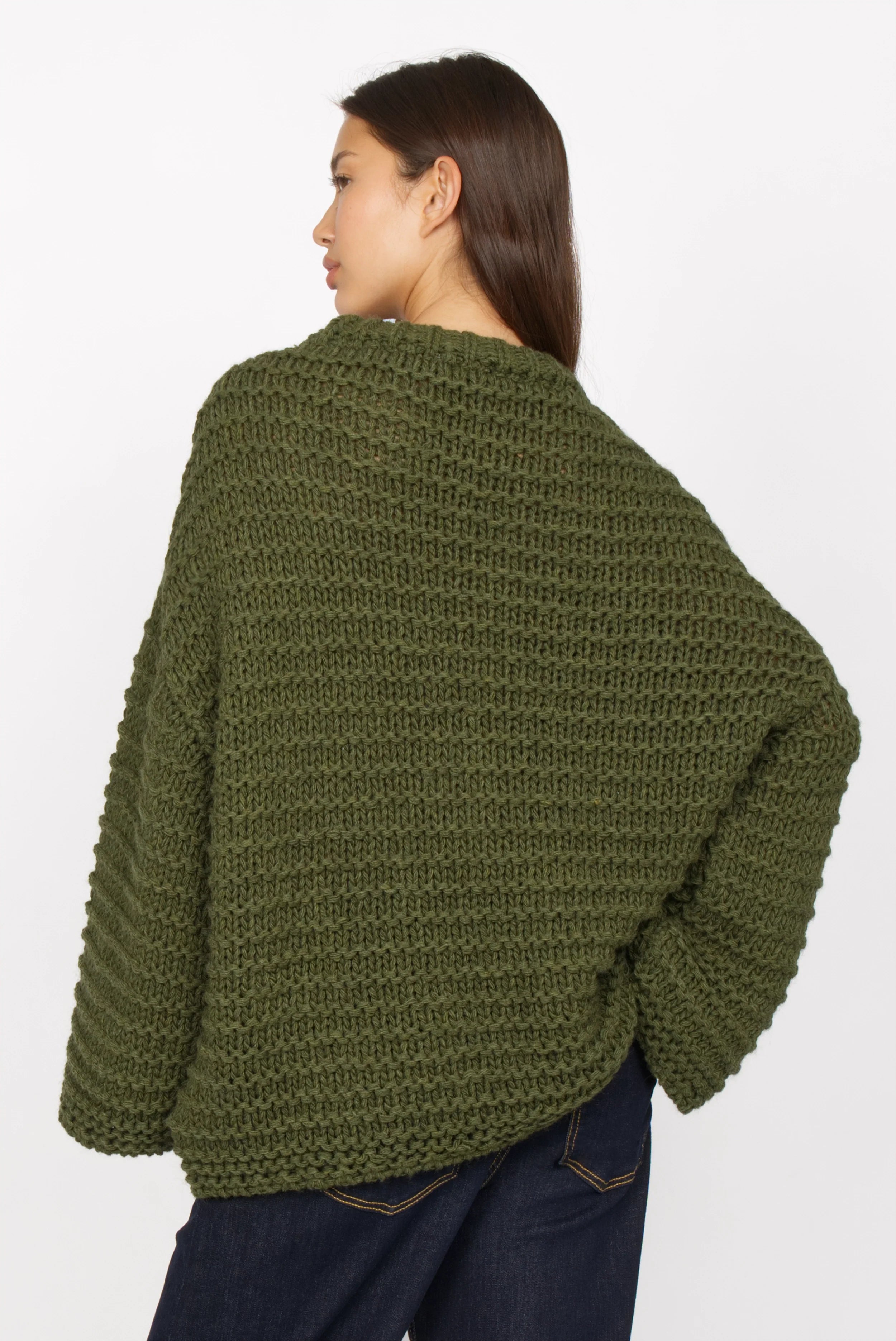 Damen oversized Pullover Grobstrick Chunky-Knit-Look olivgrün mit weitem Schnitt und offenem Abschluss