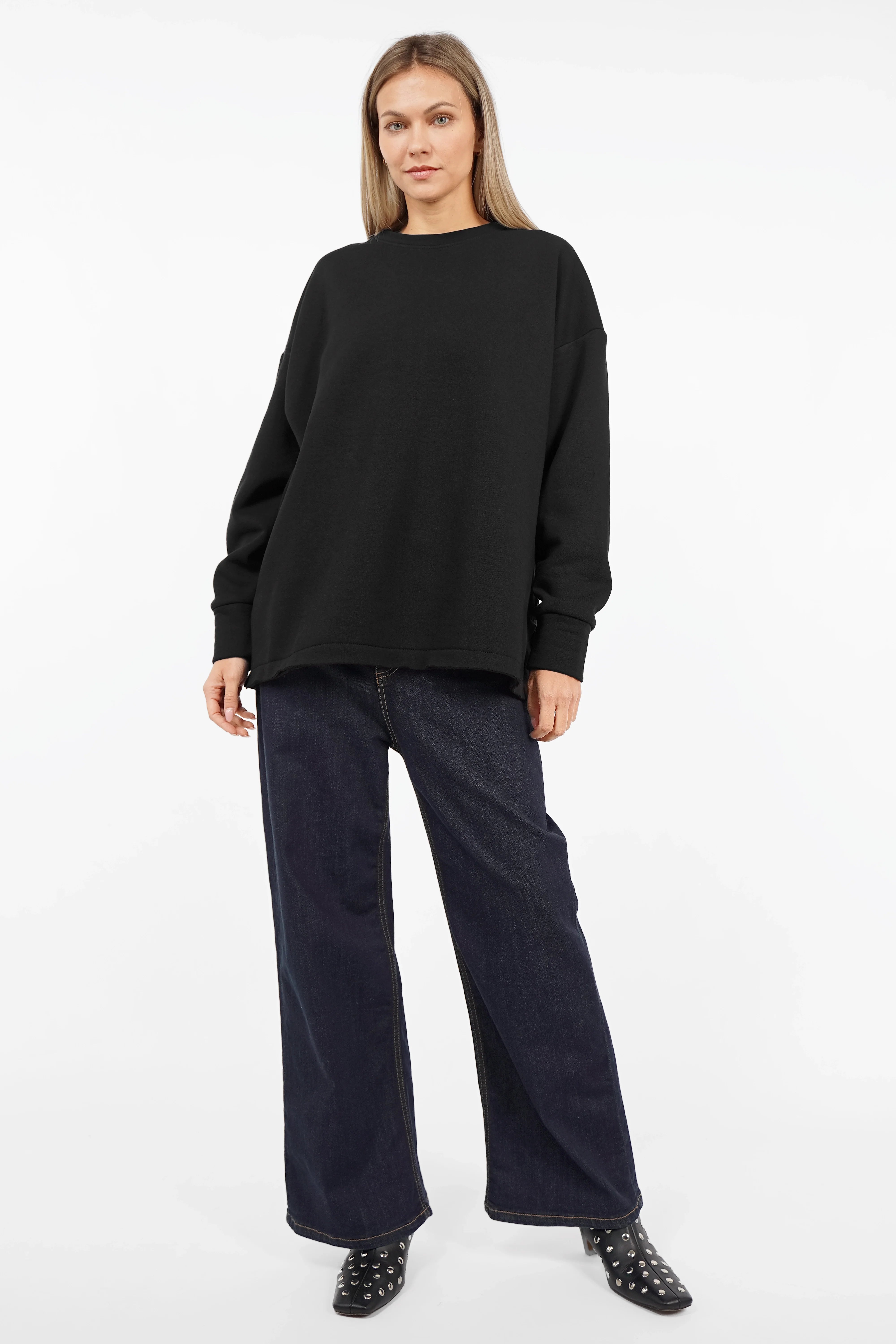 VIOLE Cozy Sweater black soft brushed cotton A-line relaxed fit with open back seam and side slits