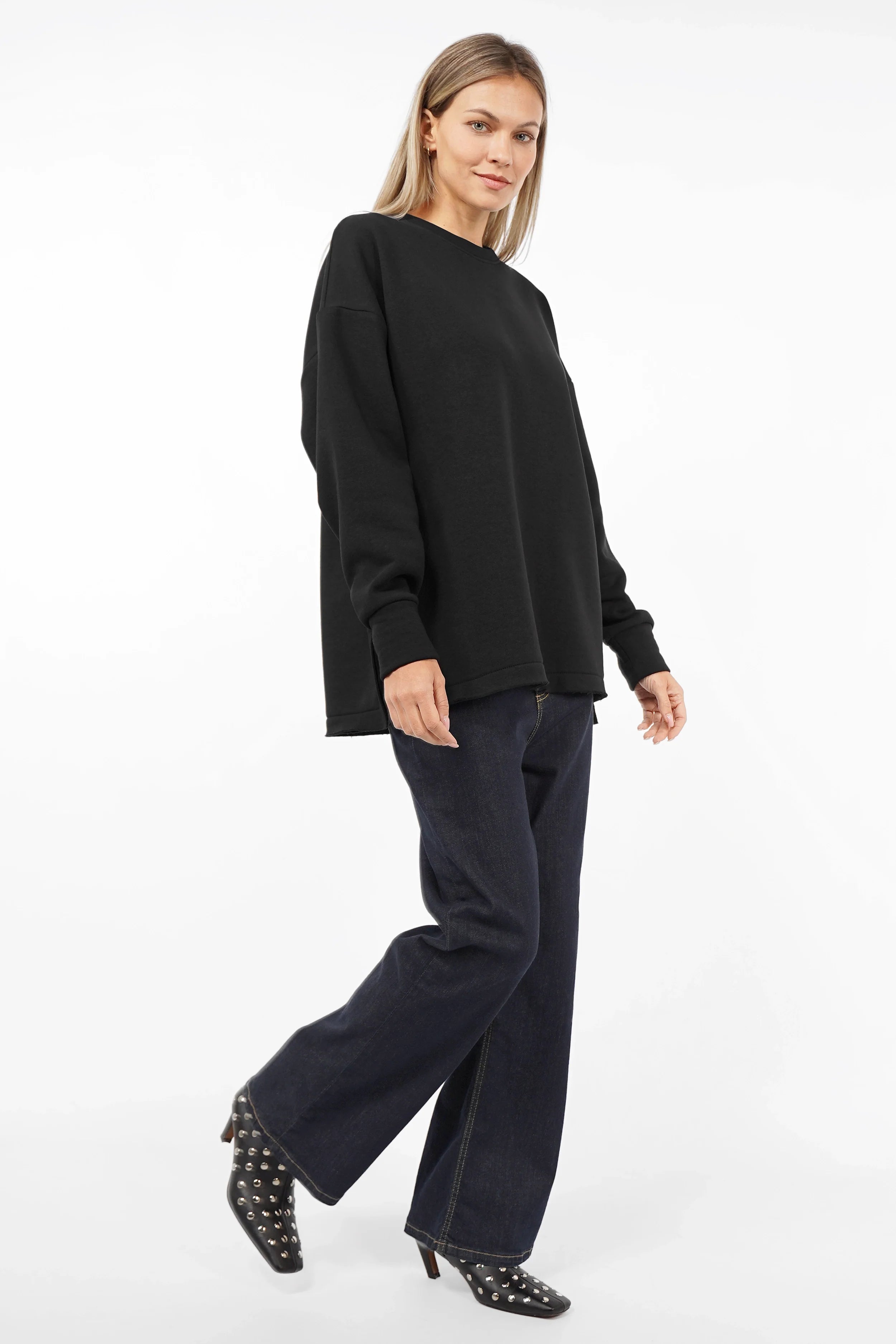 VIOLE Cozy Sweater in black with soft brushed cotton, A-line silhouette, open back seam, and relaxed fit.