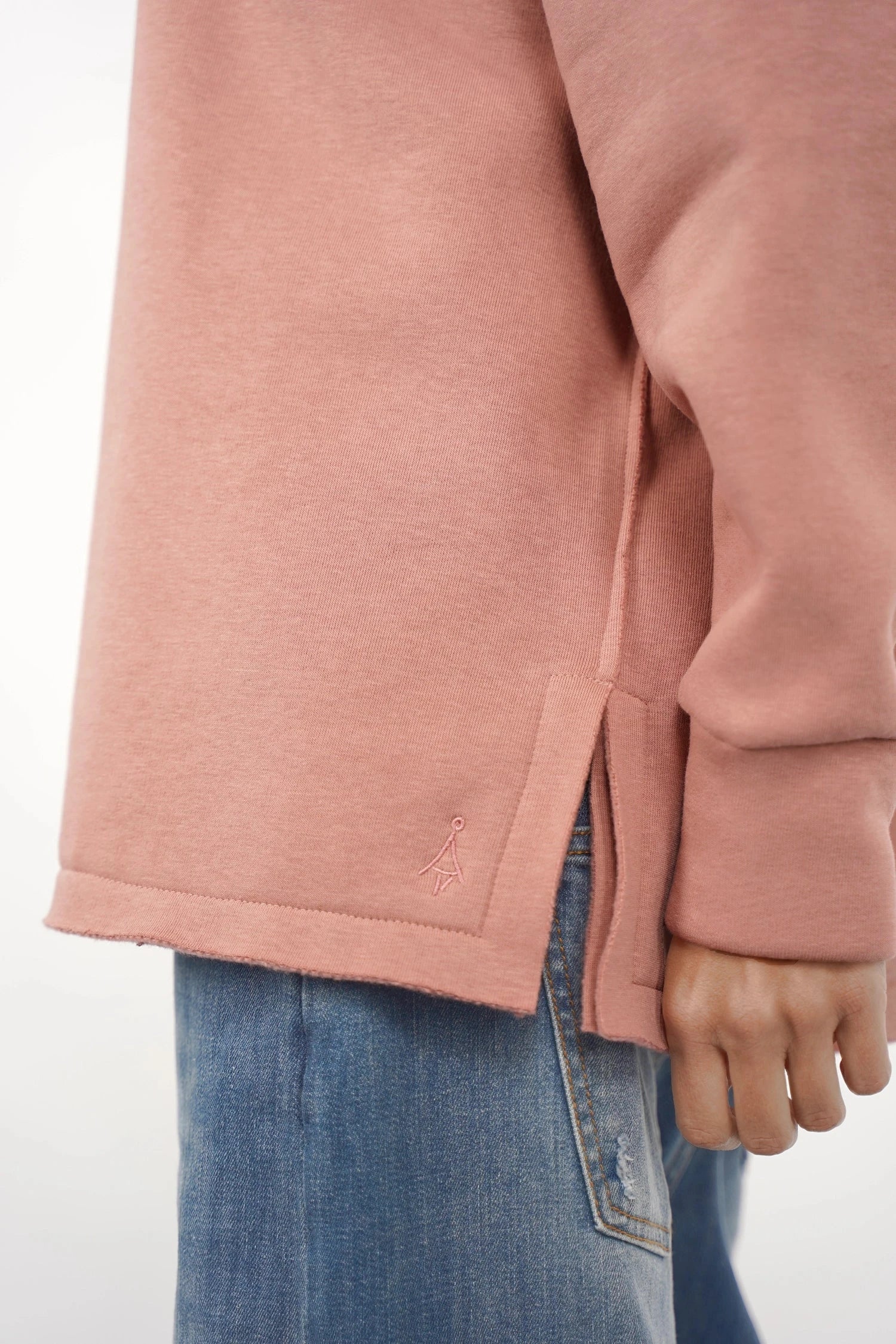 VIOLE Cozy Sweater rose pink A-line brushed cotton with open side slits and logo embroidery detail