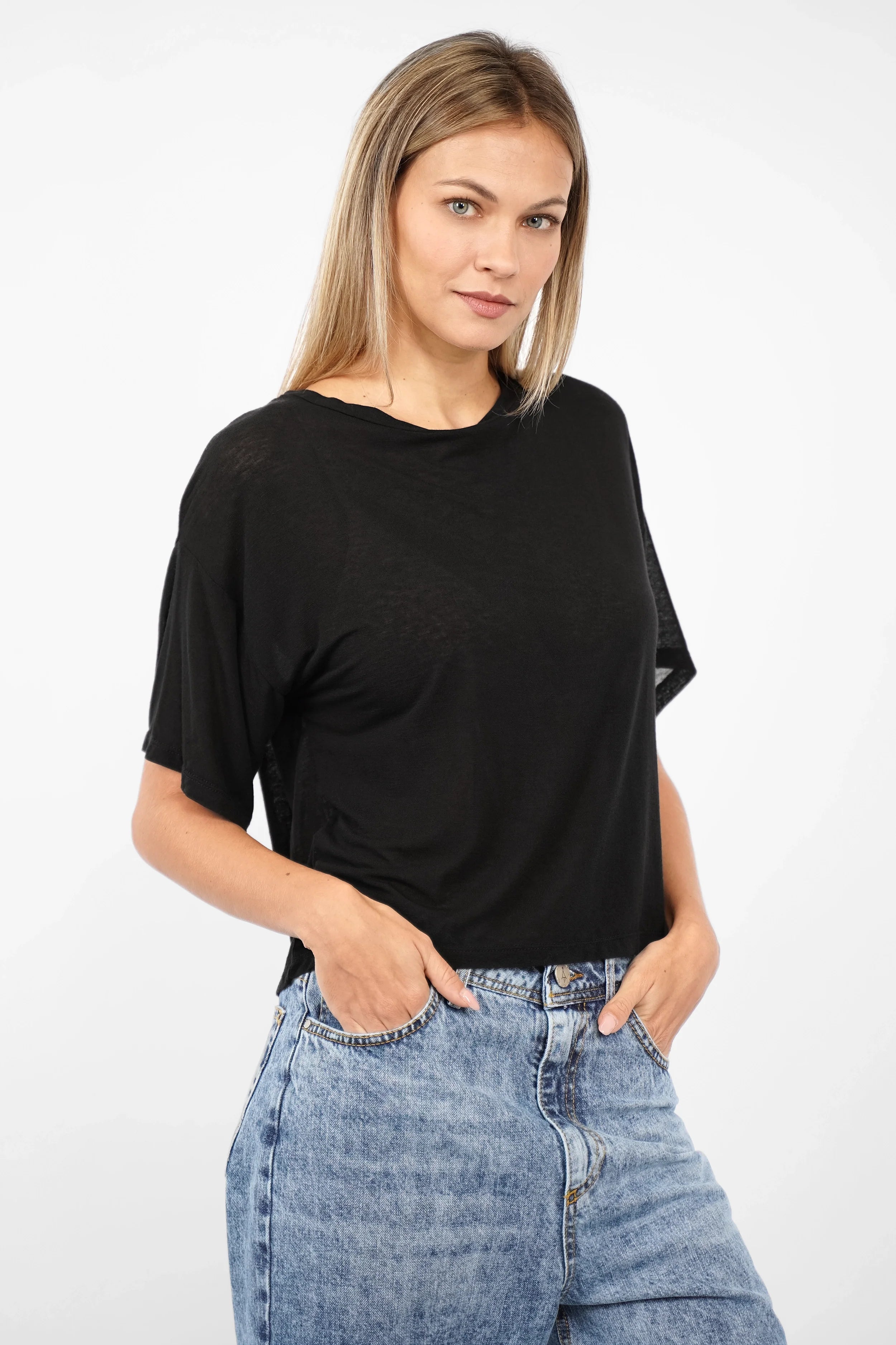 YRENA T-Shirt aus Kaschmirmix mit U-Boot Ausschnitt und halblangen Ärmeln