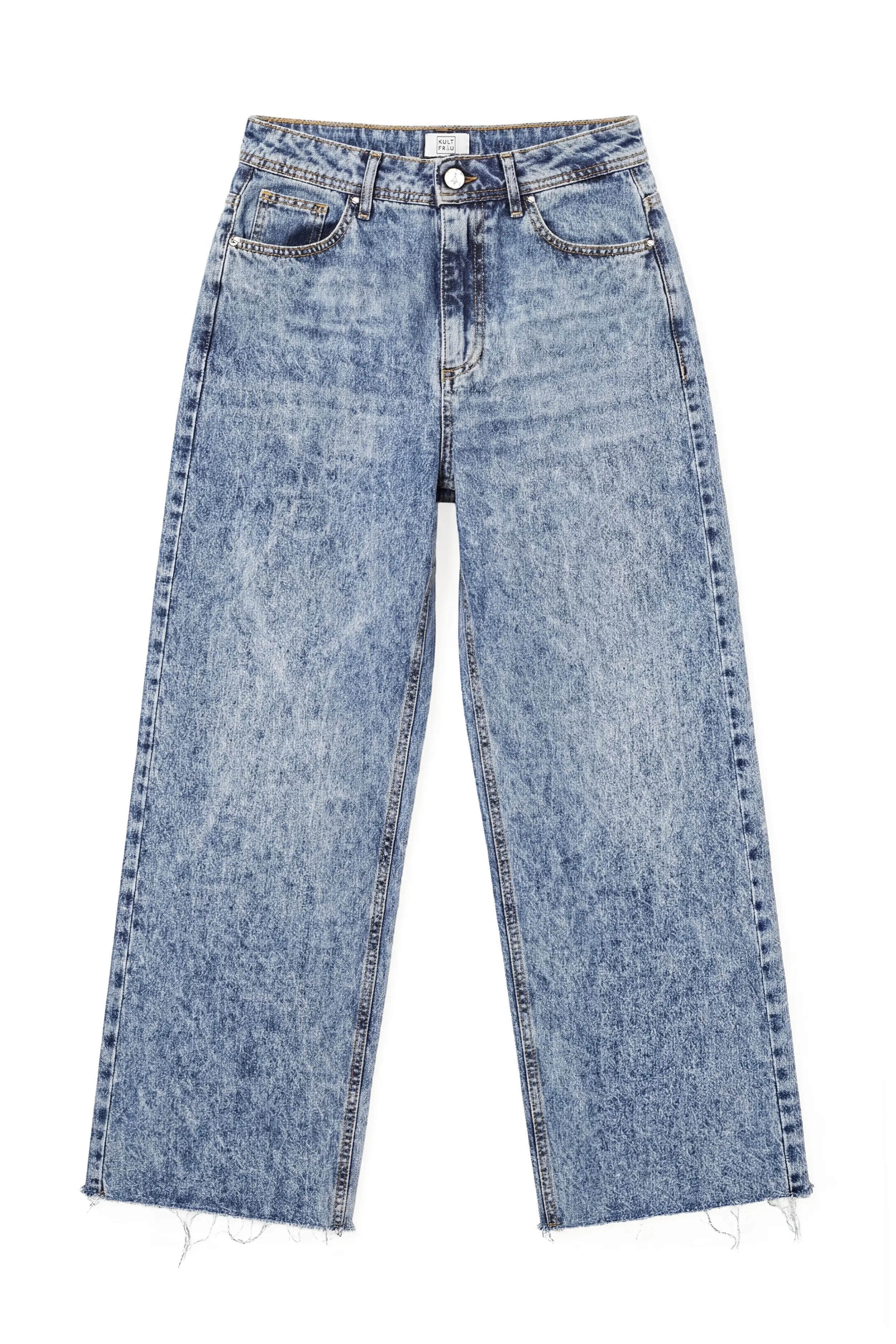 AENYA Ankle Straight Jeans aus Denim mit Raw-Cut Saum in bleached Marble-Blue-Waschung, Five-Pocket-Design und High Waist.