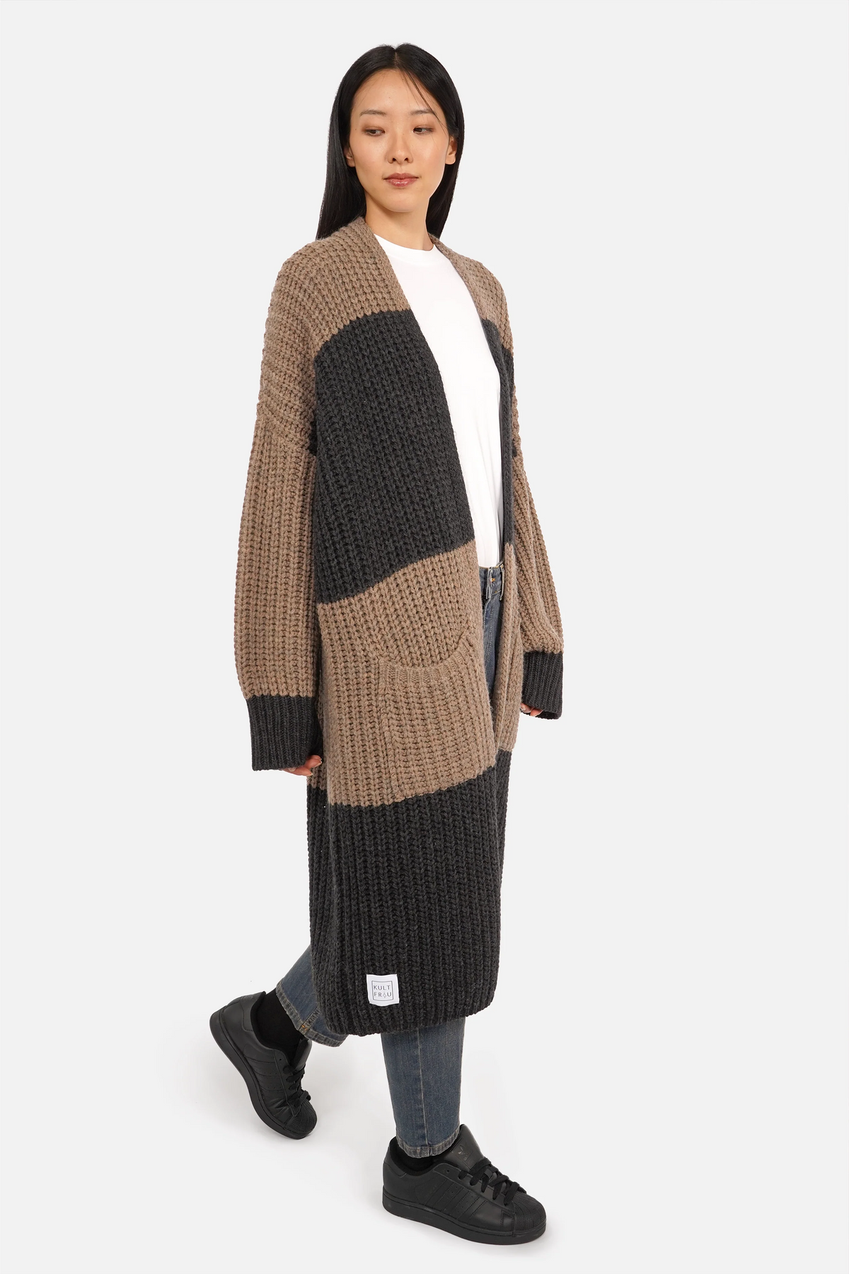 LOLLYTA One Size Strickcardigan mit breiten Blockstreifen und offener Front