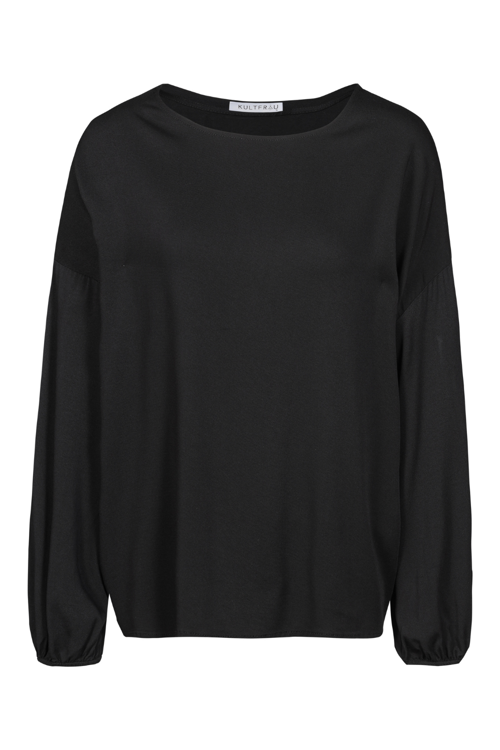 GRETA.K Bluse in Schwarz mit Rundhals und leichten Ballonärmeln.