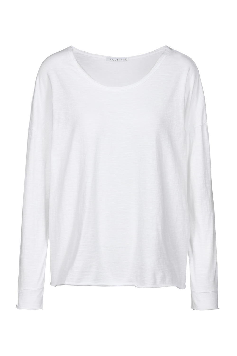 LARXA Longsleeve aus weißer Fiammato-Baumwolle, Rundhalsausschnitt, überschnittene Schultern, Regular Fit.