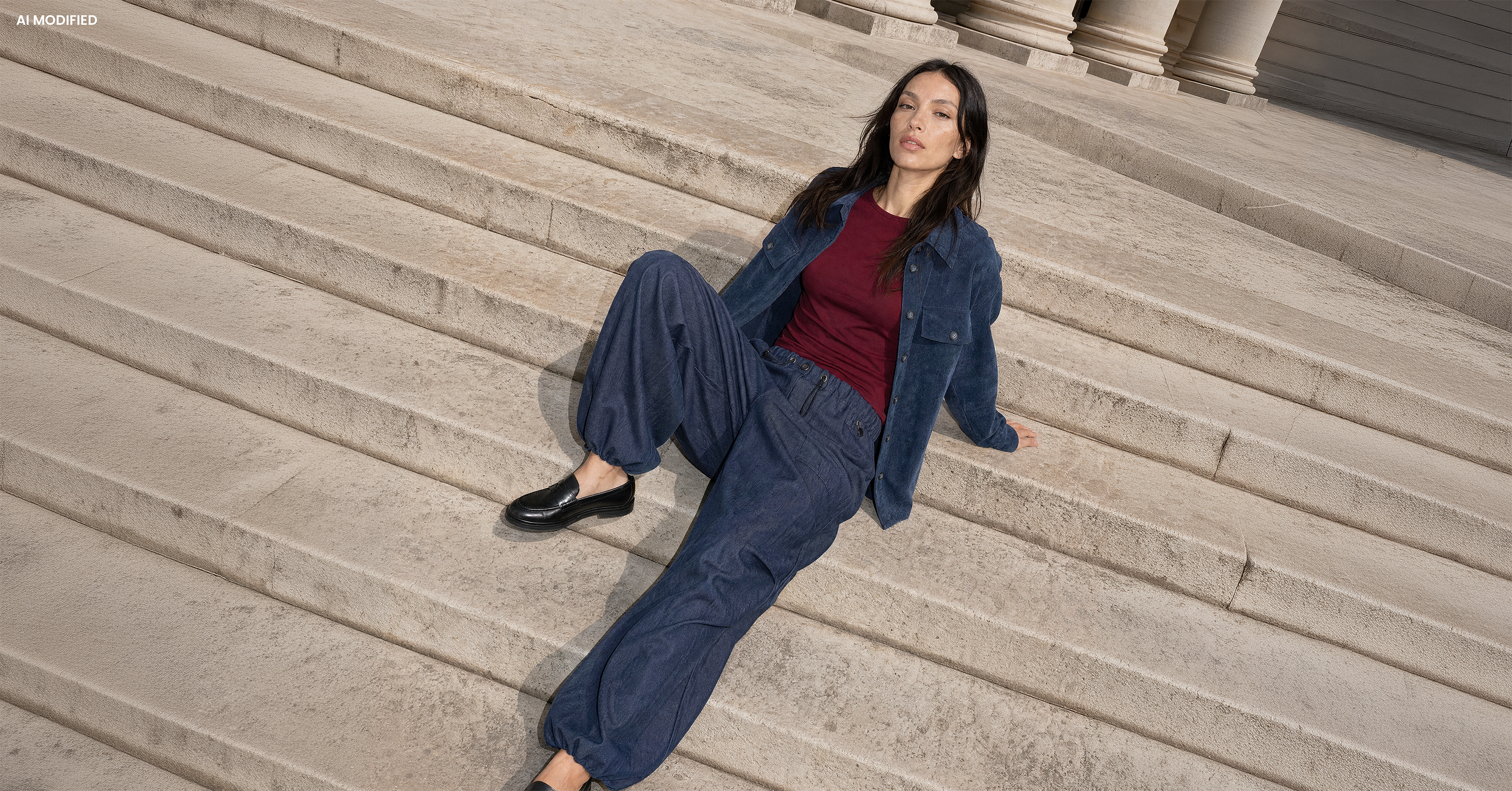 Model in weißem Langarmshirt und weiter blauer Jeans vor einer geriffelten Glaswand mit Spiegelung.