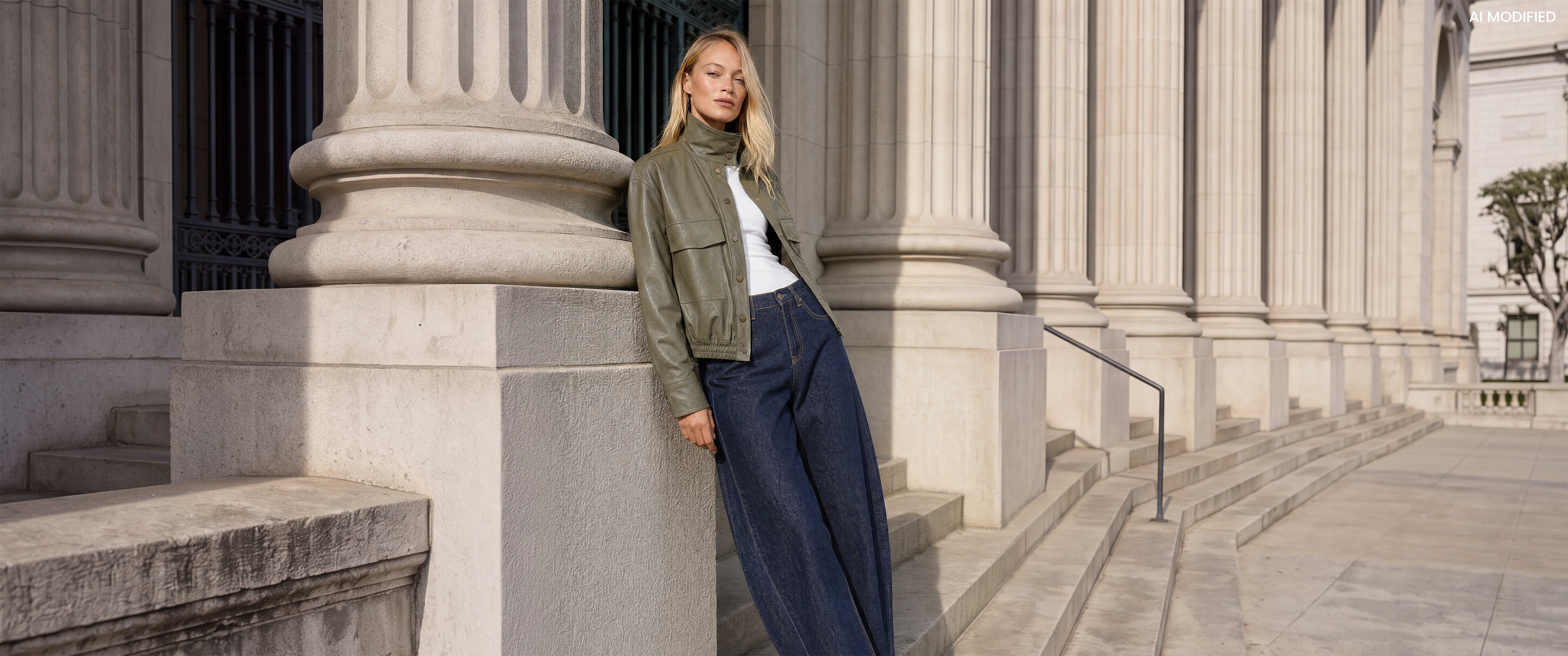 Model in weißem Langarmshirt und weiter blauer Jeans vor einer geriffelten Glaswand mit Spiegelung.