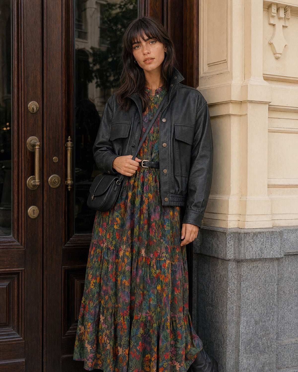 LUSIIA mit Blütenprint und schwarzer DERA-Jacke in Lederoptik