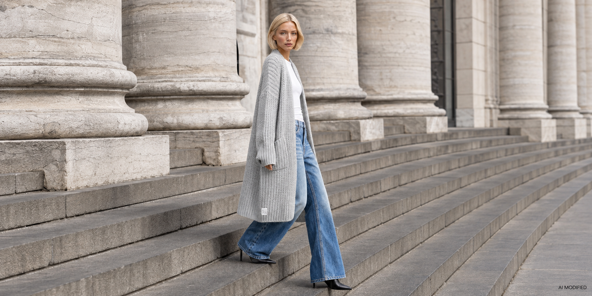 Neuheiten: Model im hellgrauen LOLLYTA Strickcardigan und weiter blauer JOOSY Jeans auf einer Steintreppe vor Säulen – AI modified