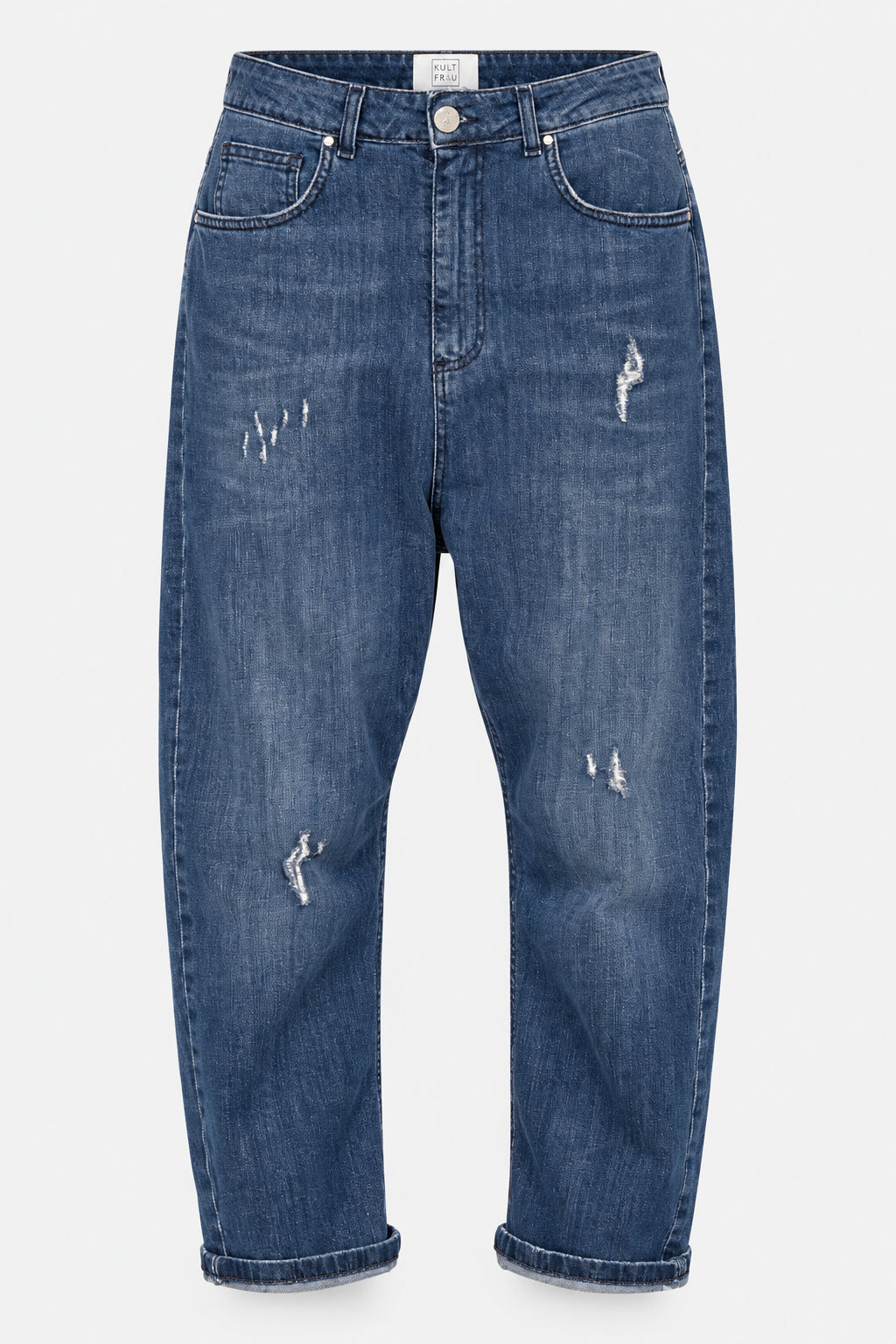 KULTFRAU JEANY Baggy Jeans in Blue, Vorderansicht ohne Model auf hellgrauem Hintergrund