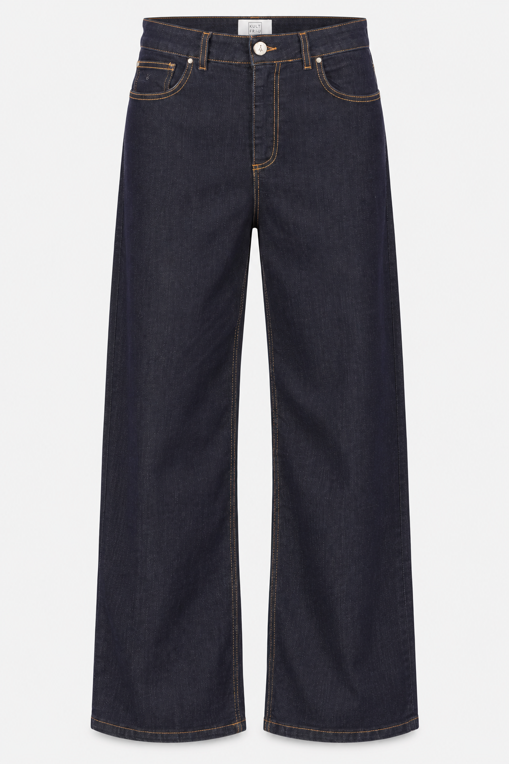 KULTFRAU JOOSY Wide Leg Jeans in Classic Blue, Vorderansicht ohne Model auf hellgrauem Hintergrund