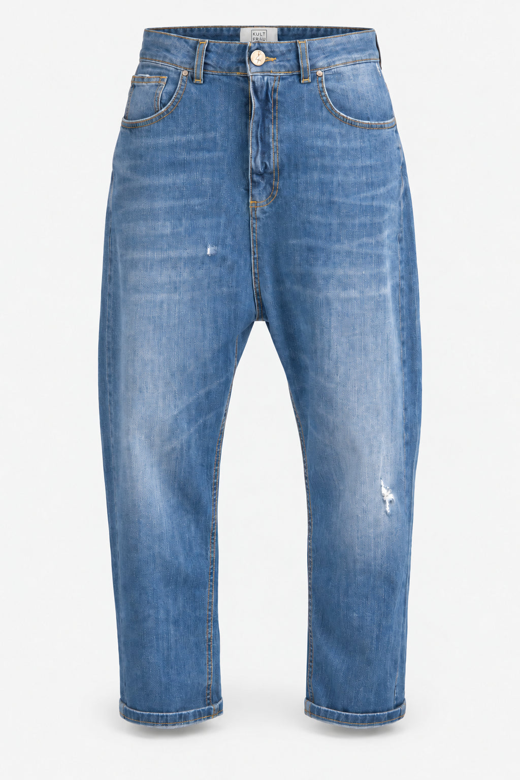 KULTFRAU JEANY Baggy Jeans in Urban Blue, Vorderansicht ohne Model auf hellgrauem Hintergrund